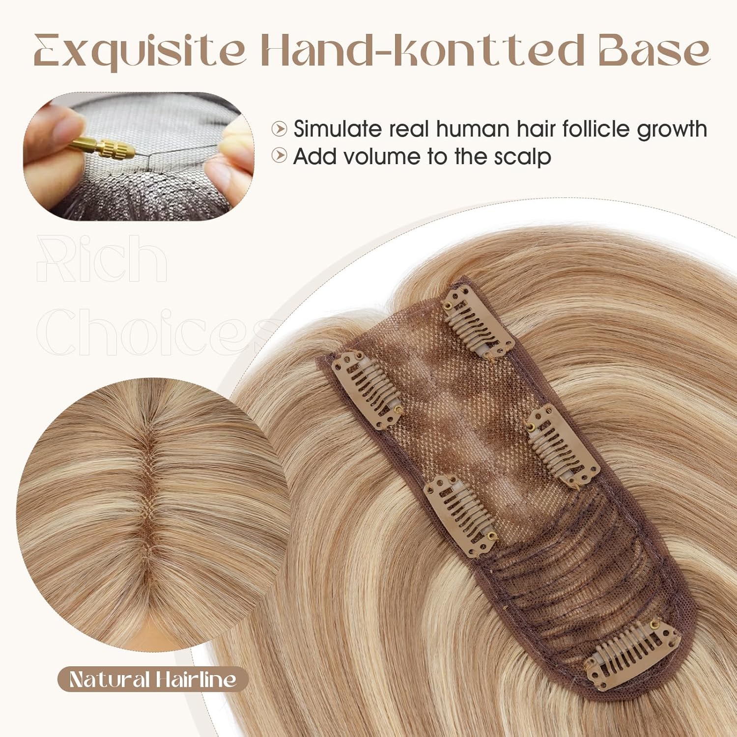 Rich Choices Hair Toppers for Women Real Human Hair 100% Human Remy Toppers for Women with Thinning Clip in NO Bangs Lace Base 150% Density 14 Inch #12P613 Golden Brown Highlight Bleach Blonde