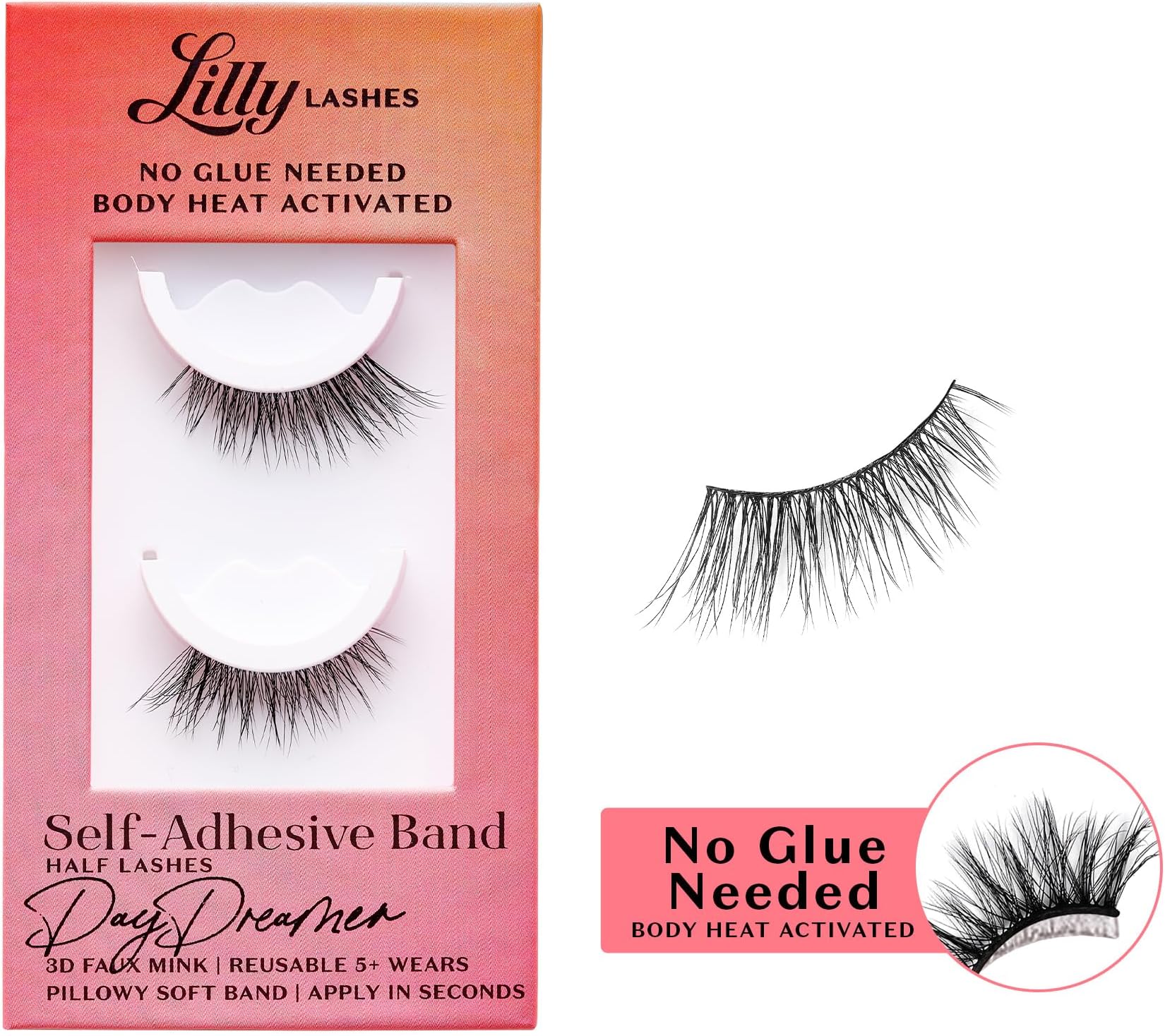 Lilly Lashes Self Adhesive Eyelashes (Half Lashes), No Lash Glue Needed, Body Heat Activated Press on Lashes, Reusable Self Adhesive Eyelashes Up to 5x, Easy to Apply & Remove (DayDreamer)