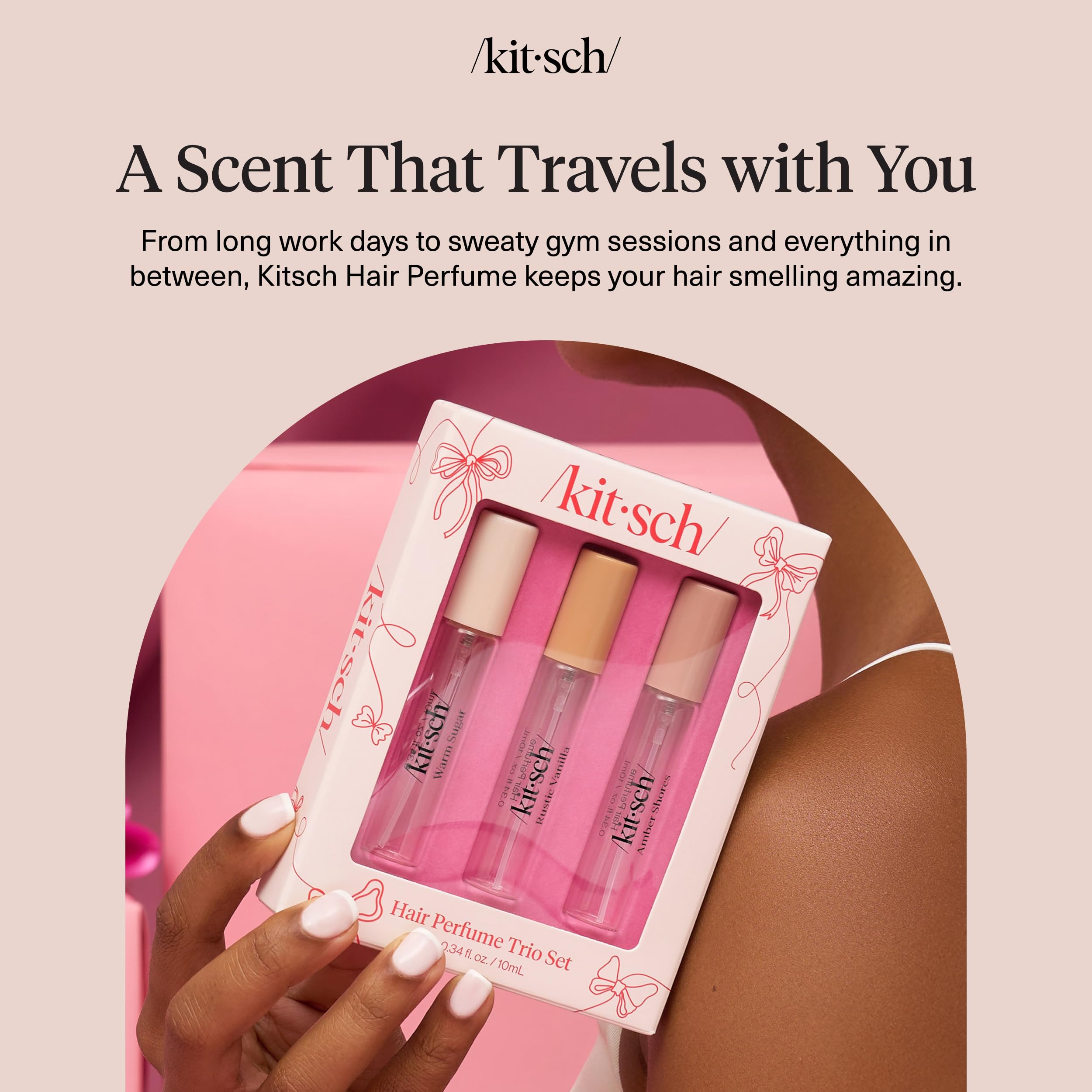 Kitsch Hair Perfume for Women - Trio Set | Clean, Deodorizing & Patented Odor-Eliminating Technology Hair Spray & Body Mist - Freshen Hair, Pillows - Amber Shores, Warm Sugar, Rustic Vanilla, 3x10mL