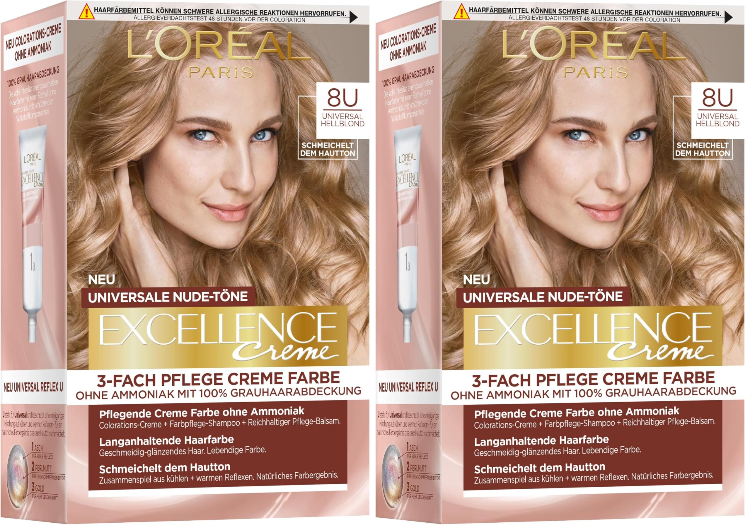 L'Oréal Paris Permanente Haarfarbe für jeden Hautton, Coloration ohne Ammoniak, Universale Nude-Töne mit vollständiger Grauhaarabdeckung, Excellence Creme, Nr. 8U Hellblond (Blond), 1 Stück