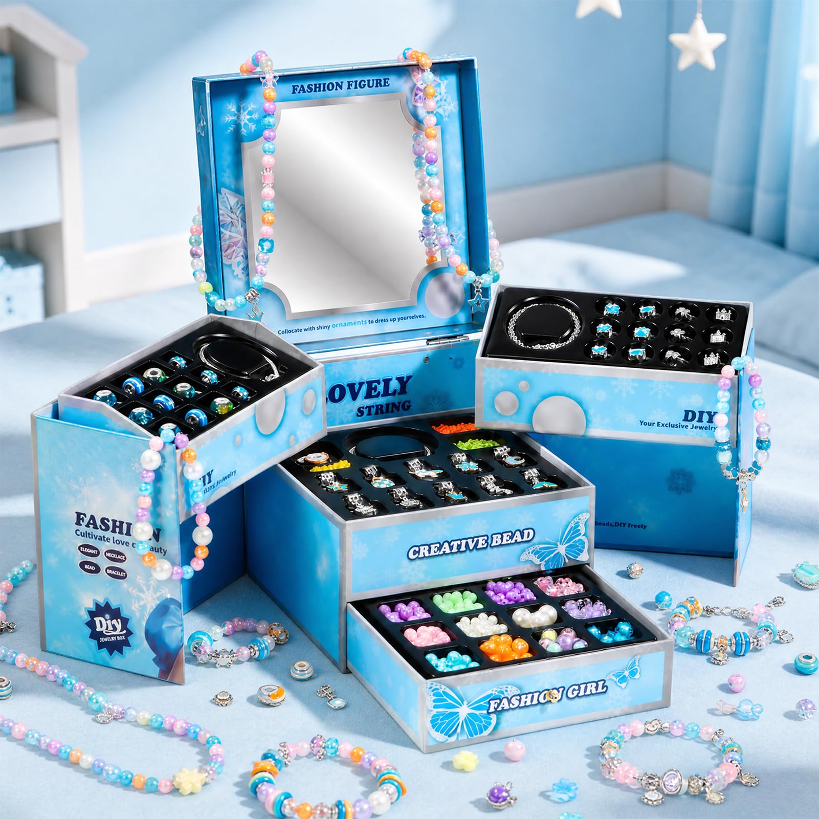 JeeMoien kit creazione braccialetti ciondoli per bambine 5,6,7,8-12, kit braccialetti amicizia con scatola portagioie, regalo compleanno blu per bimbe 6-11 anni