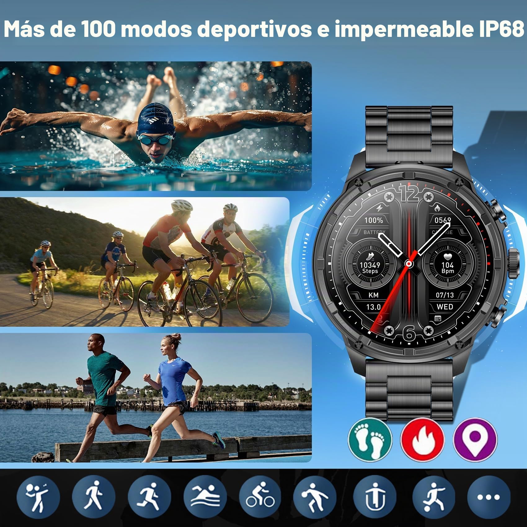 Reloj Inteligente Hombre Militar, Pantalla AMOLED de 1,85", Llamadas Bluetooth, Linterna LED, Batería de 750 mAh, 120 Modos Deportivos, Smartwatch hombre para Android e iOS, IP68 Impermeable