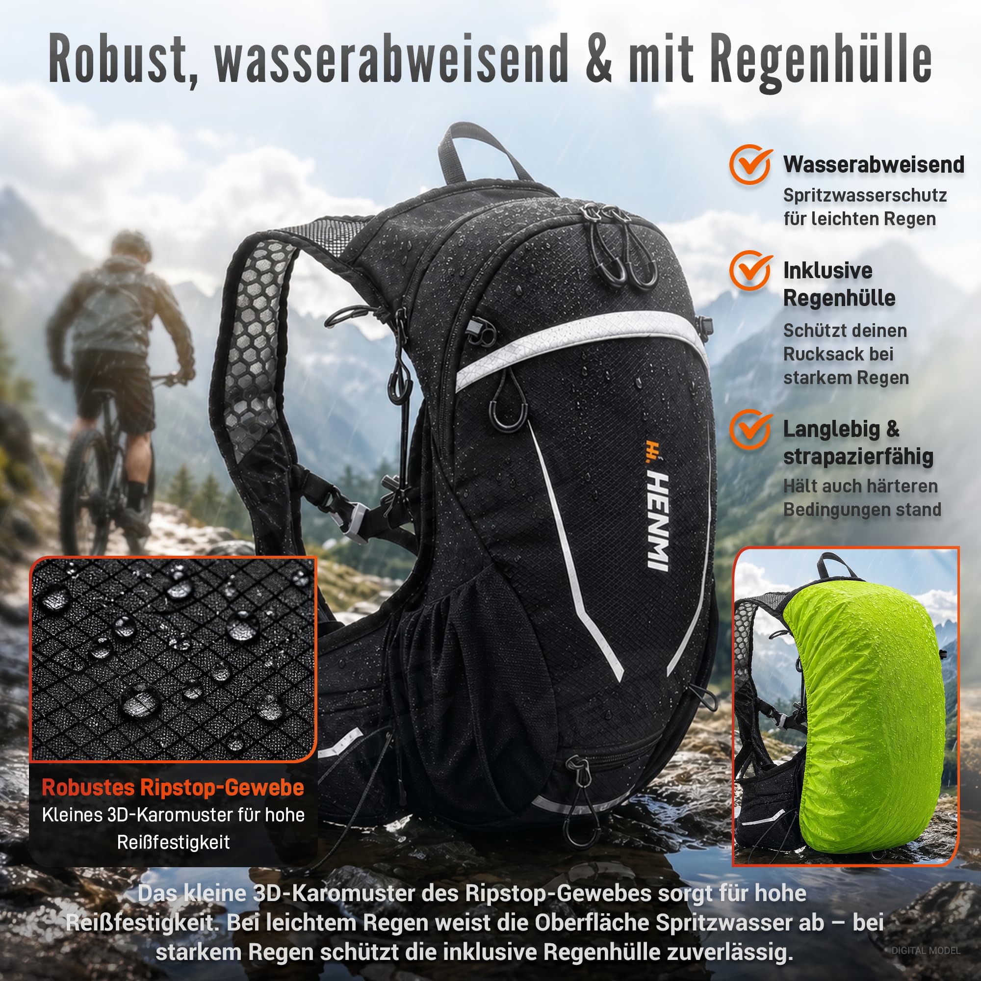 HENMI Fahrradrucksack 16L Ultraleicht & Atmungsaktiv 0,46kg – Wanderrucksack mit XPE Rückenbelüftung & Trinkblasenfach, Kleiner Rucksack mit Helmnetz & Regenhülle für MTB Radfahren Wandern