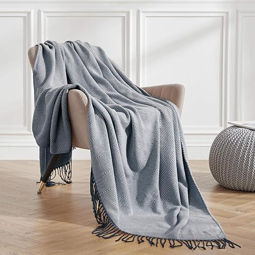 VEEYOO Manta azul marino, ligera, extra suave, para sofá, decoración de borlas, manta de punto para dormitorio, oficina, regalo, manta de viaje de
