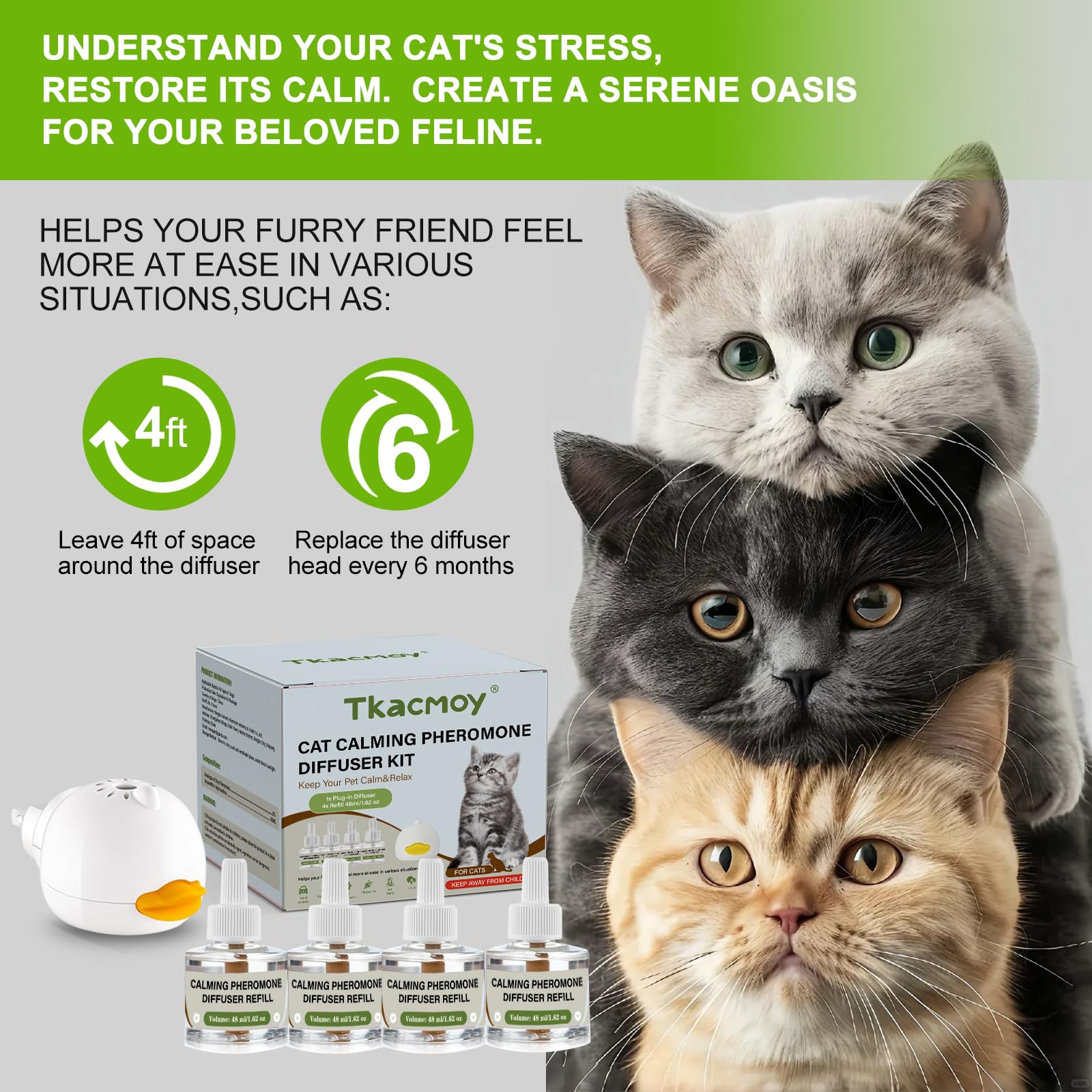 Cat Calming Diffuser, 4-in-1 Pheromone Refills for Anxious Cats, 120-Day Continuous Stress Relief for Multi-Cat Harmony (B) - image 5