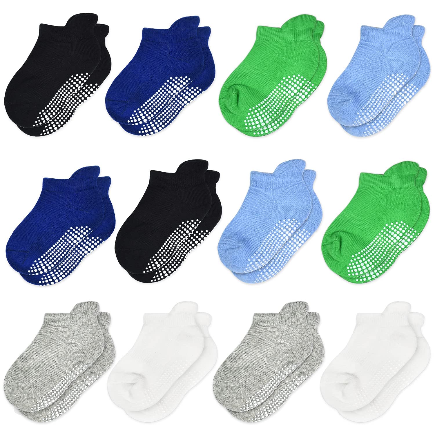 HYCLES Toddler Grip Socks Baby Boys Girls Ankle Socks with Grips 12 Pairs - Kids Non Slip Anti Skid Socks Green 3-5 Years