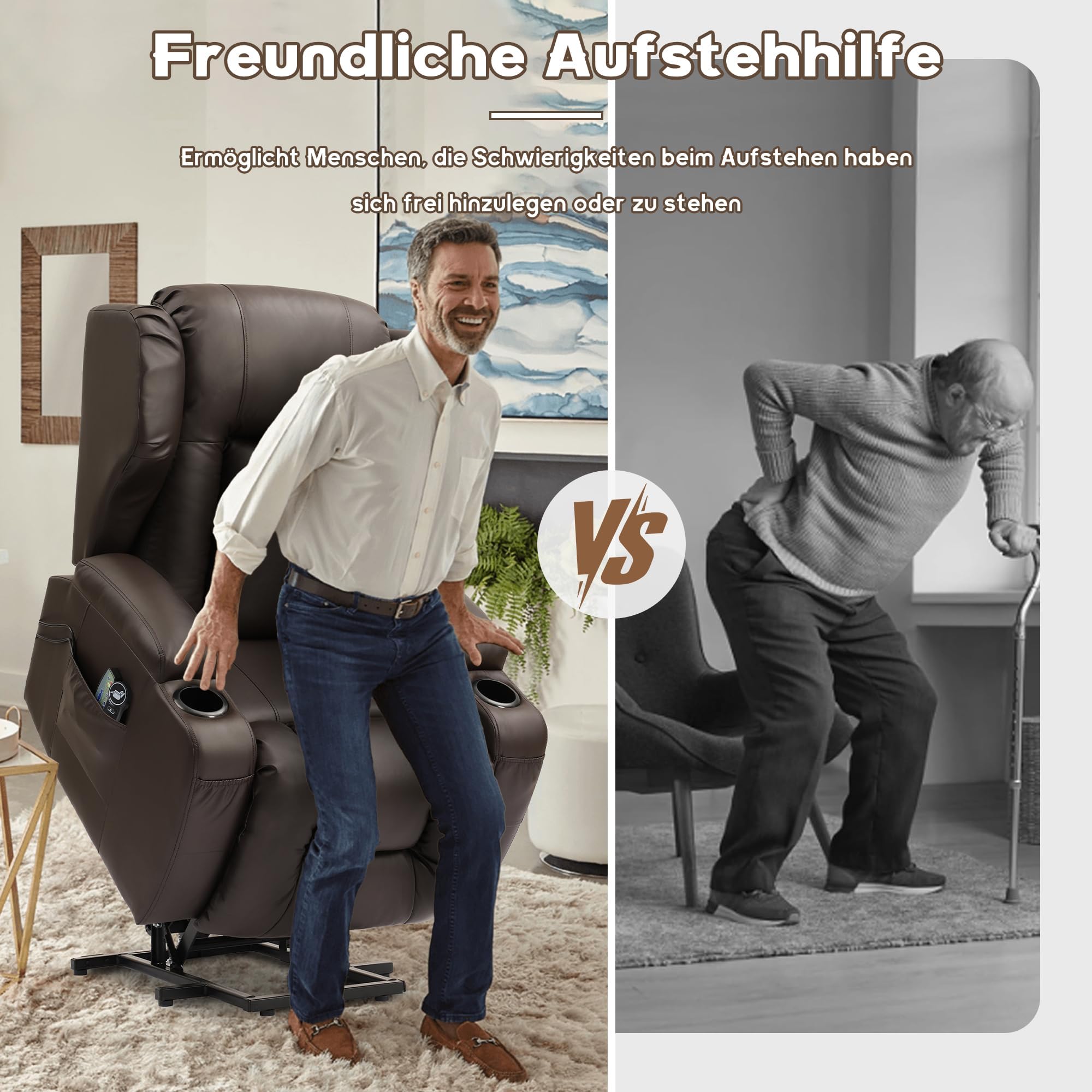 Fernsehsessel mit Aufstehhilfe Elektrisch, Relaxsessel mit Liegefunktion, Massagesessel mit Massage Wärmefunktion Seniorensessel für Senioren, 2 Seitentaschen und Getränkehalters (Braun)
