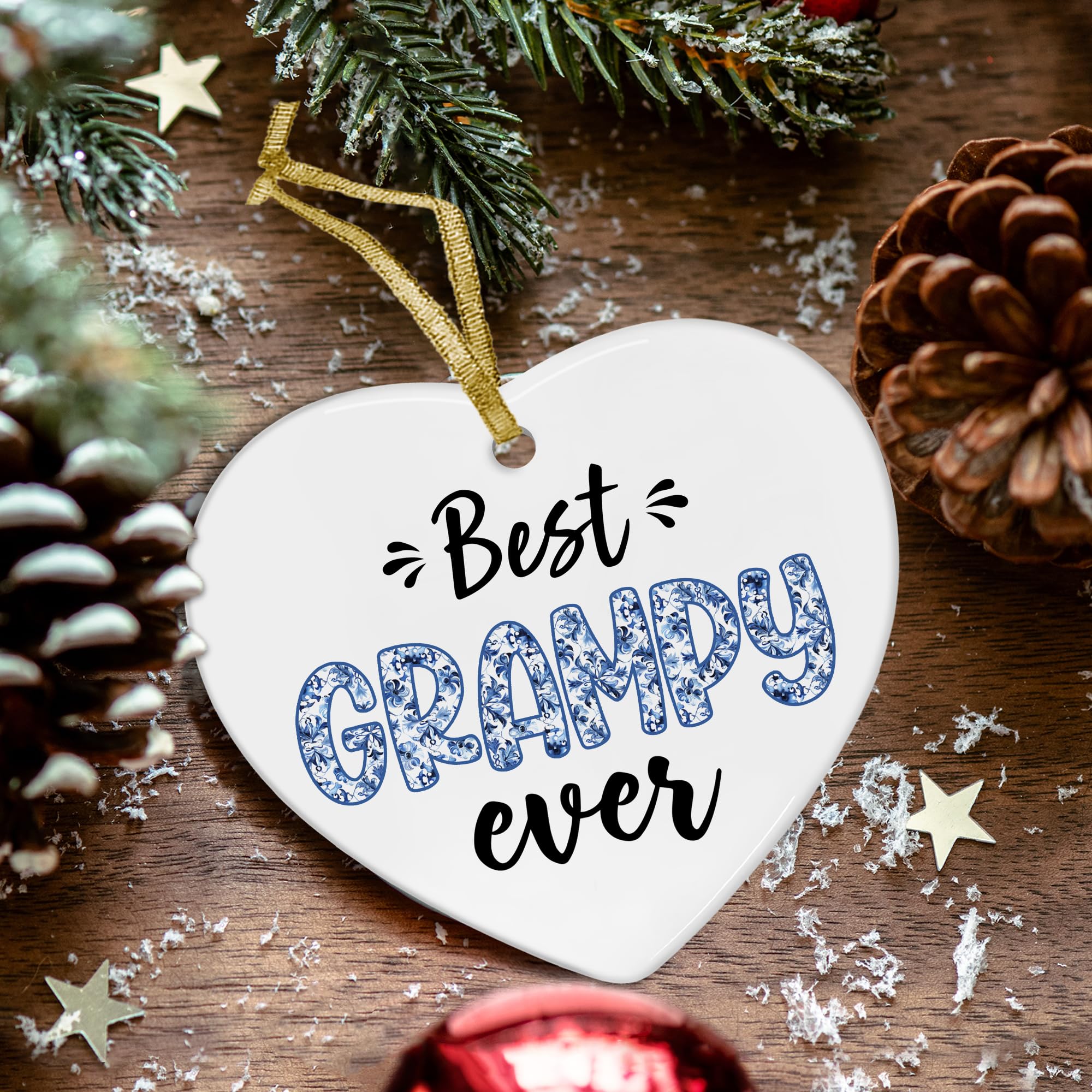 Chinoiserie Grampy Gifts Heart Ceramic Christmas Ornaments, Best Grampy Ever Gifts, Grandpa Fathers Day Birthday Gift Hanging Ornaments for Christmas Tree, Grandpa Gift from Grandkids,3x3In
