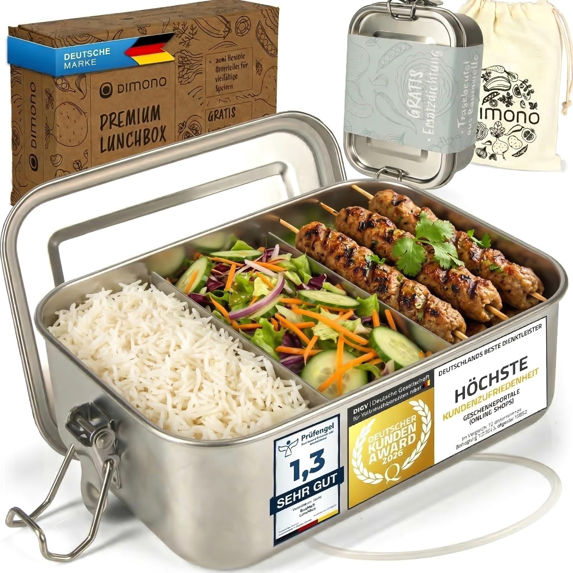 Dimono® Lunchbox Brotdose 2400ml Auslaufsichere Bento-Box Brotzeit-Dose aus Edelstahl; Wasserdichte Nachhaltige Dose mit Fächer & Dichtungen
