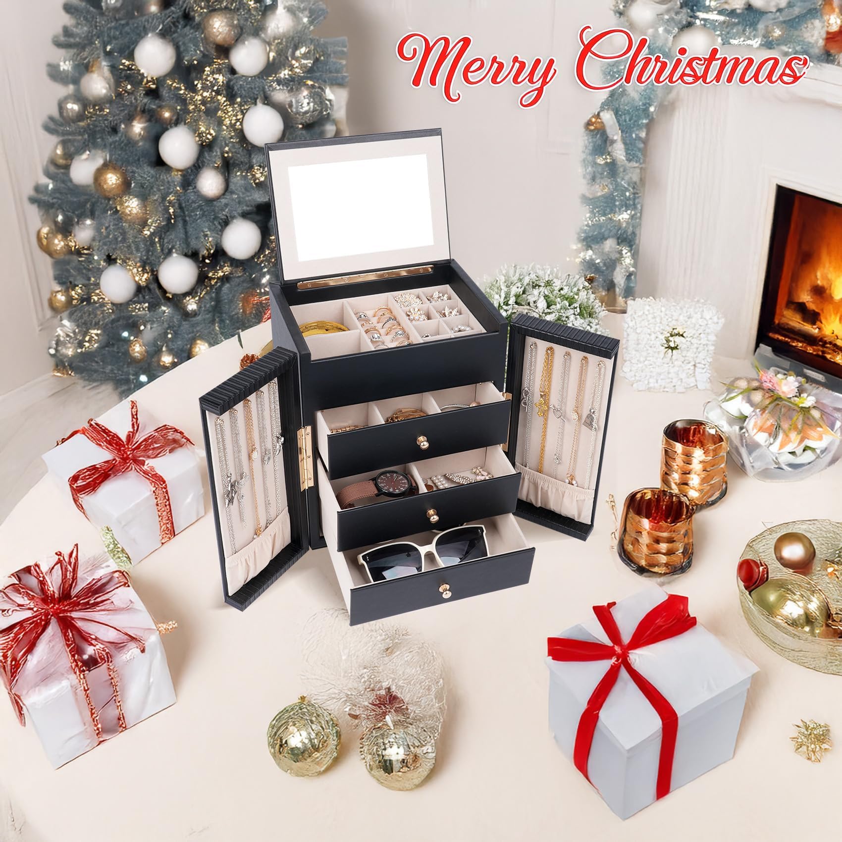 Dajasan Large Jewelry Box for Women, Jewelry Organizer Box with 3 Drawers, Jewelry Storage Organizer with Mirror for Necklace Ring Bracelet Watch, Gift Idea, 8.7 x 7.5 x 9.8 Inches (Black)