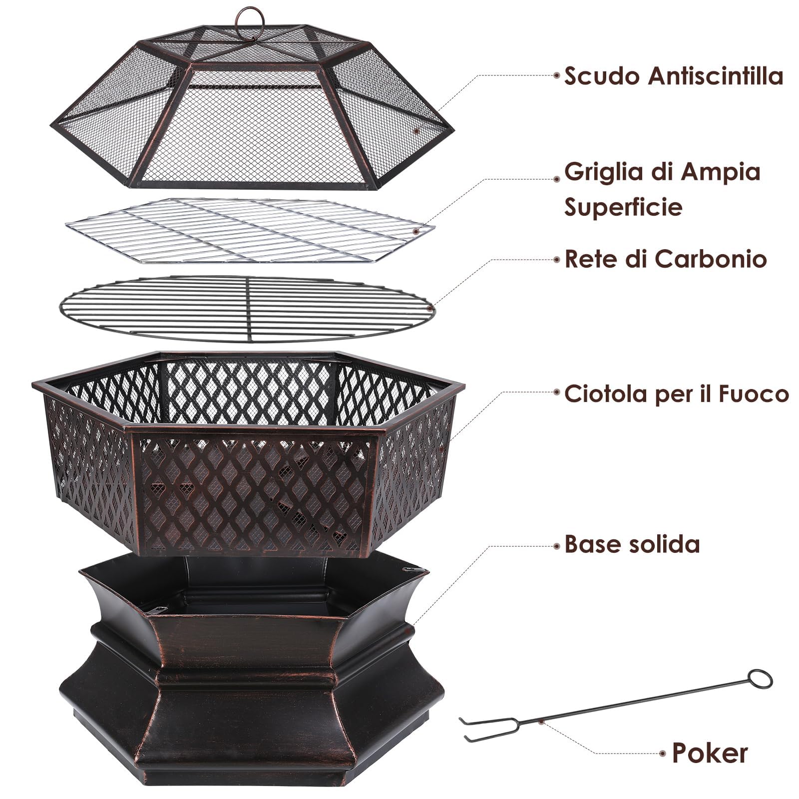 TLSUNNY Braciere da Esterno con Griglia, Braciere da Giardino, 66x66x63 cm | Braciere in Metallo con Parascintille, Griglia a Carbone e Attizzatoio, per Terrazza da Campeggio, Riscaldamento, Campeggio
