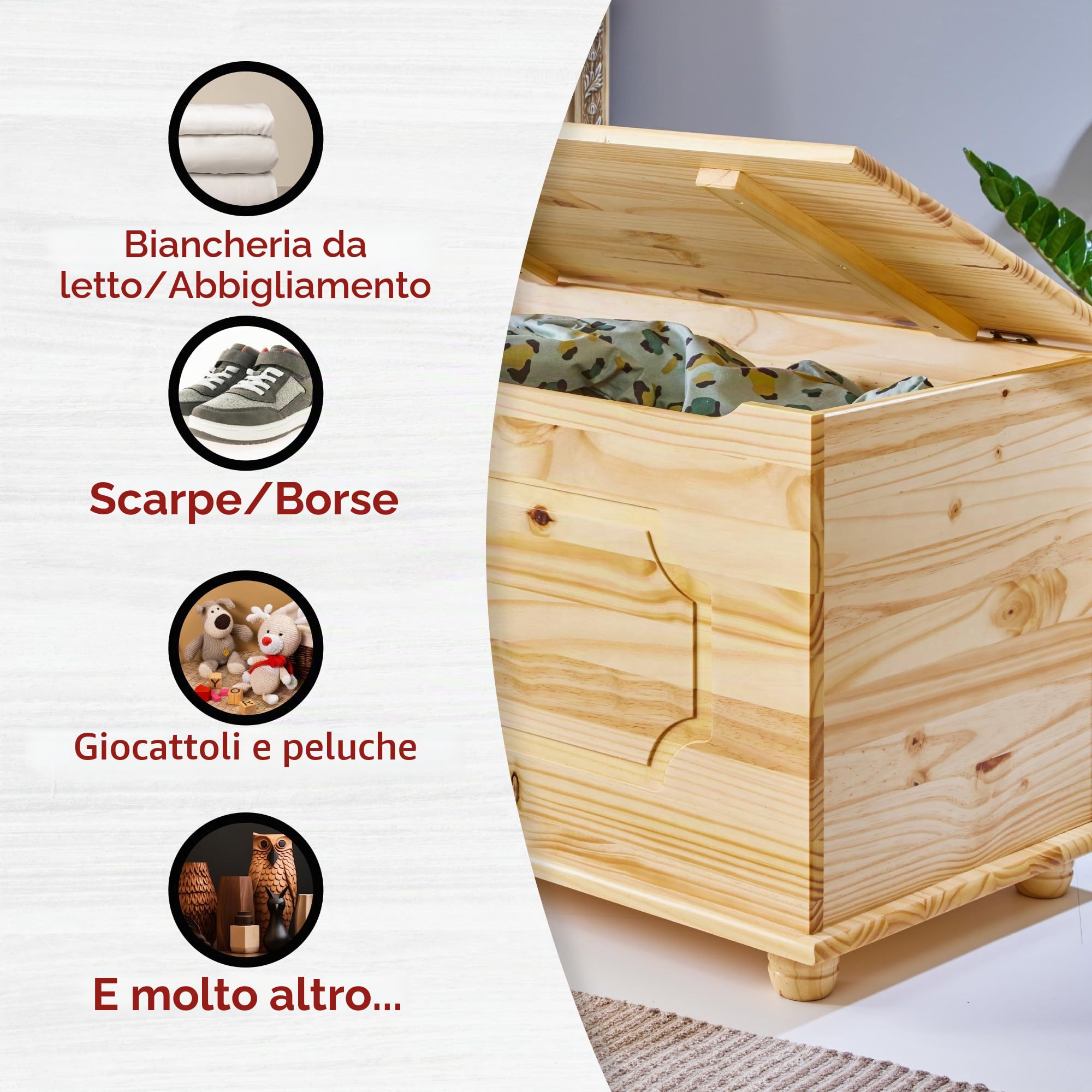 Inter Link Cassapanca per giocattoli in legno massiccio Baule portaoggetti in legno Cassapanca portaoggetti Panca portaoggetti con coperchio a cerniera Laccato naturale Emel