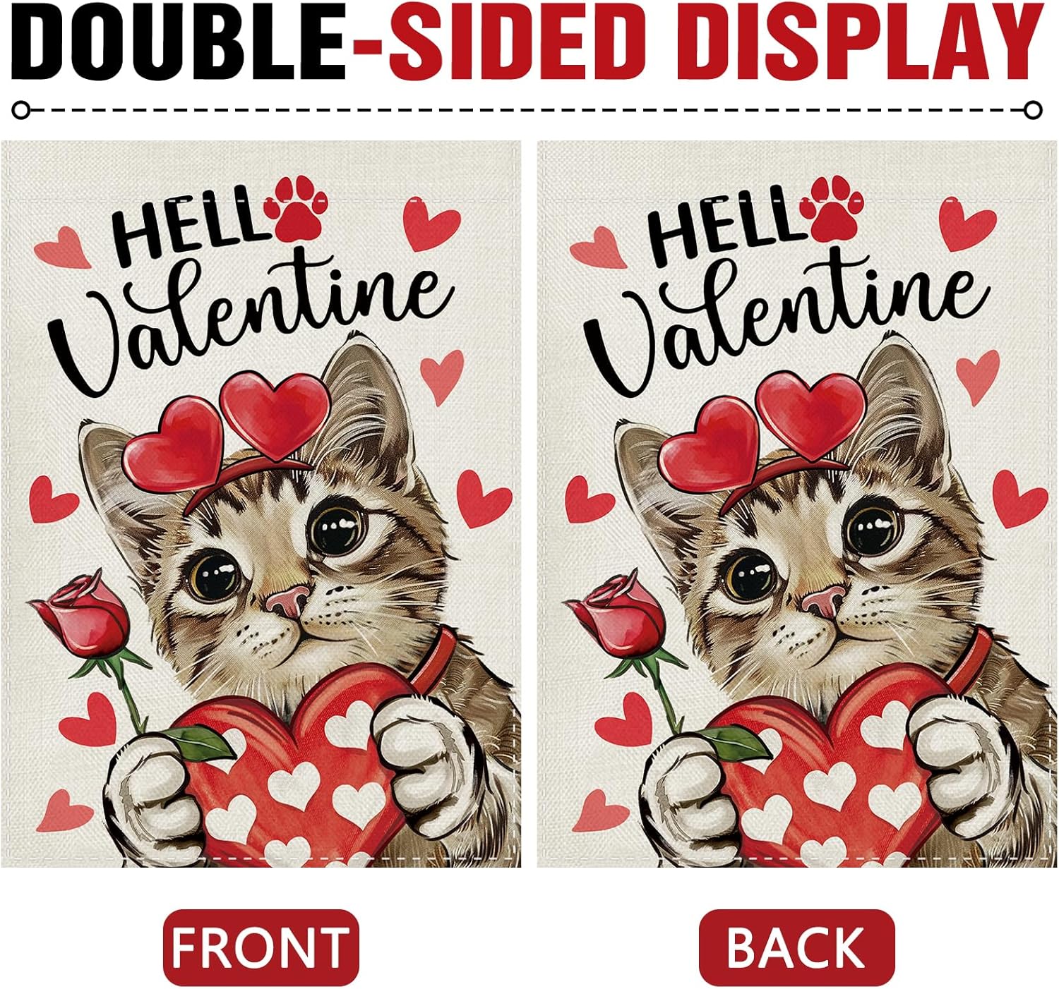 Dyrenson Hello Valentines Day Tabby Cat Decorative Garden Flag, Red Love Heart Yard Outside Home Decoration Pet Owner Lover Gift, Anniversary Wedding Burlap Outdoor Small Decor Double Sided 12 x 18 - Image 3