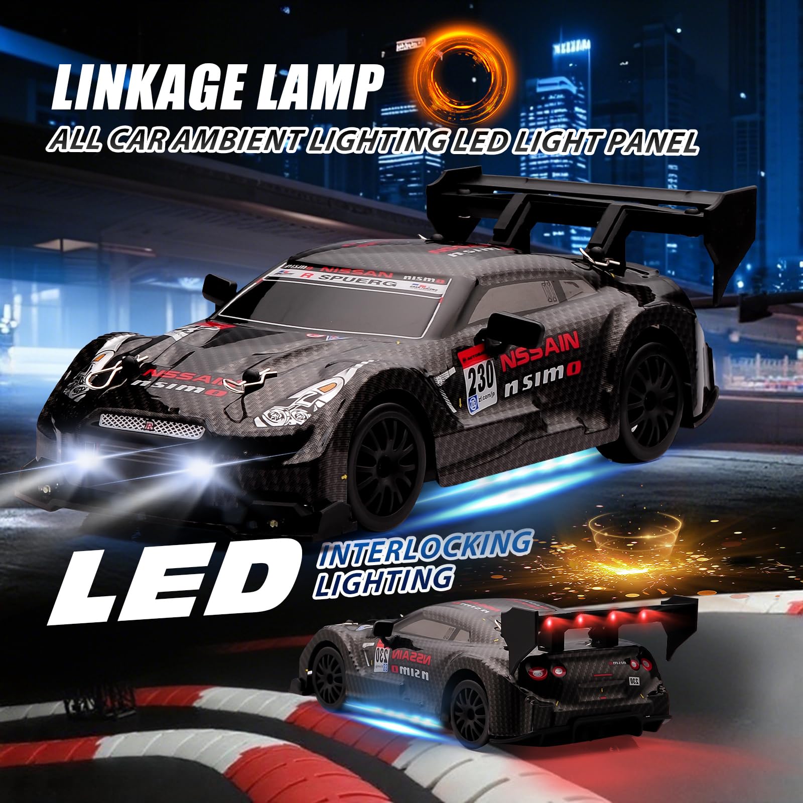 1:24 Scale RC Drift Car,4WD 2.4GHz High Speed Racing Hobby Sport Toy Car Vehicle with LED Lights,Racing and Drift Wheels for Adult Boys Girls Kids Gift (8601-Black)