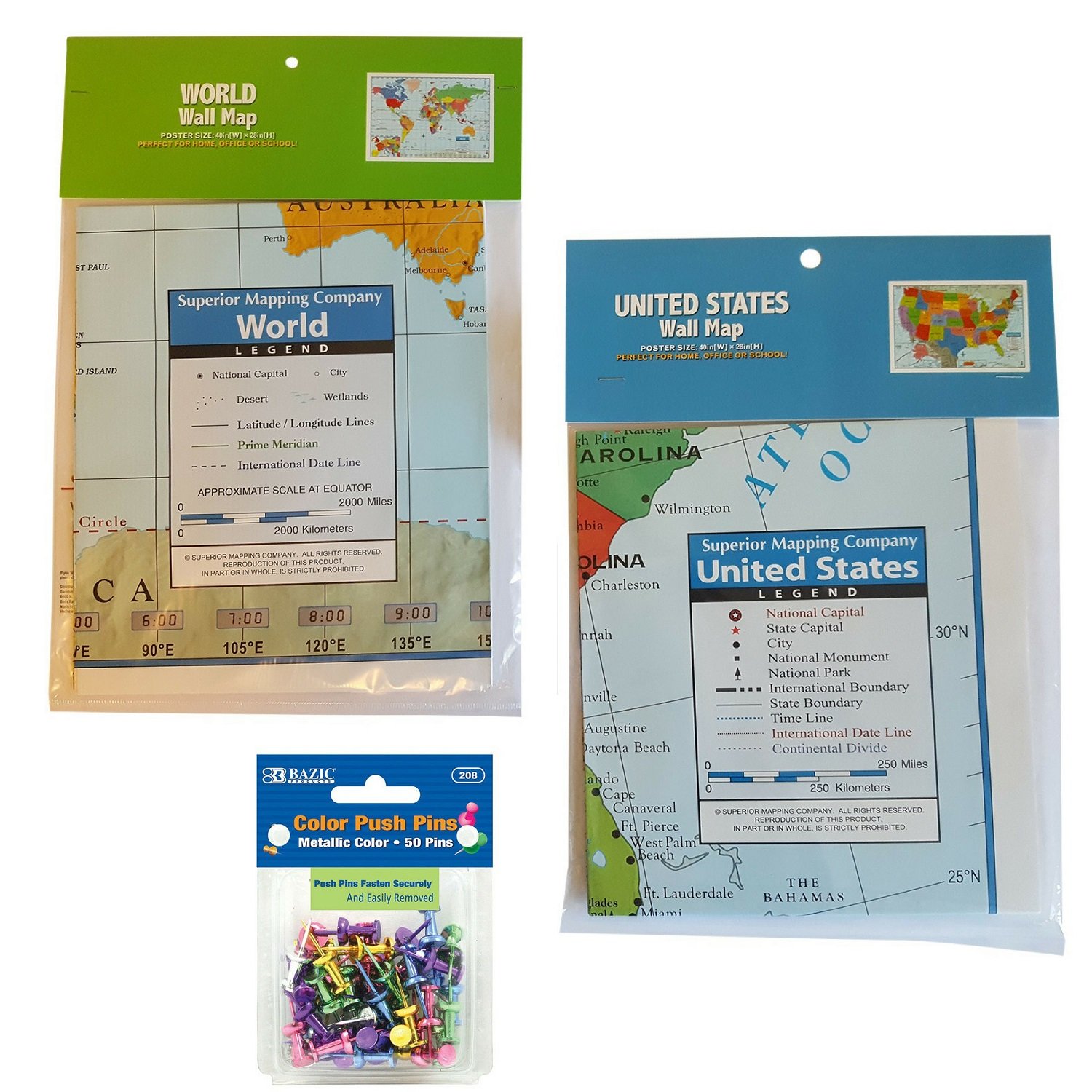 Wall Map Bundle: (1) World Wall Map | (1) United States Wall Map | 1 package of 50 Color Push Pins Office Product