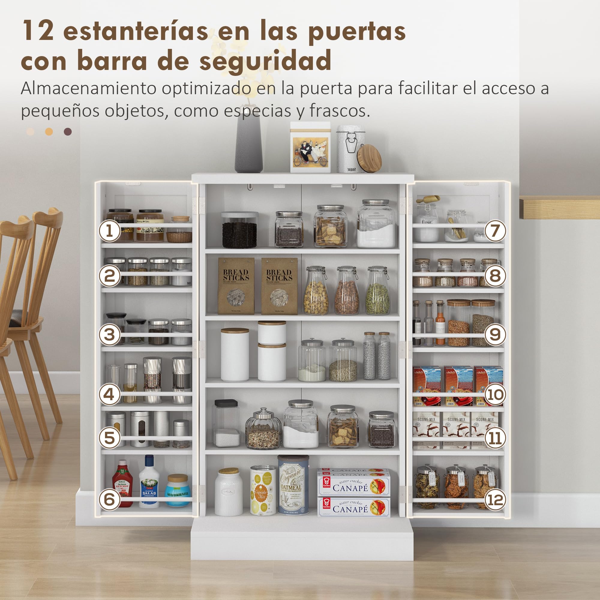 HOMCOM Armario de Cocina, Armario Despensa Cocina, con 2 Puertas, 16 Estantes, Alacena Moderna, con Estantes Ajustables, para Comedor, Salón, 60x30x104 cm, Blanco