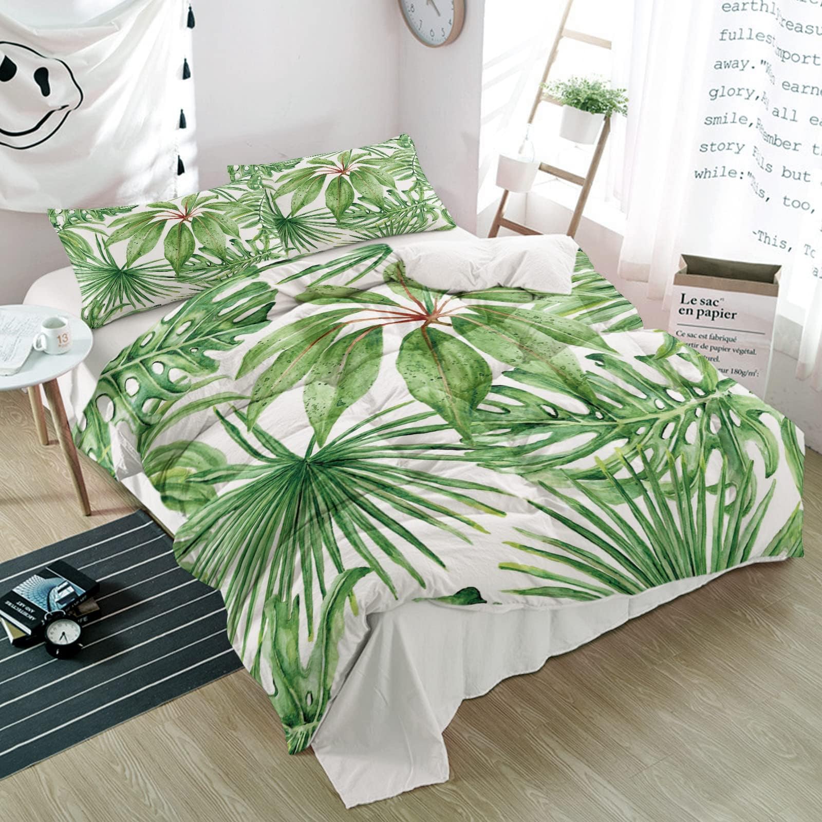 3 Pieces Duvet Cover Sets Bedding Set Tropical Plants Palm Trees Turtle Green Leaf Bed Cover Quilt with Pillow Shams Watercolor Green Foliage for All Season CHUNG04412