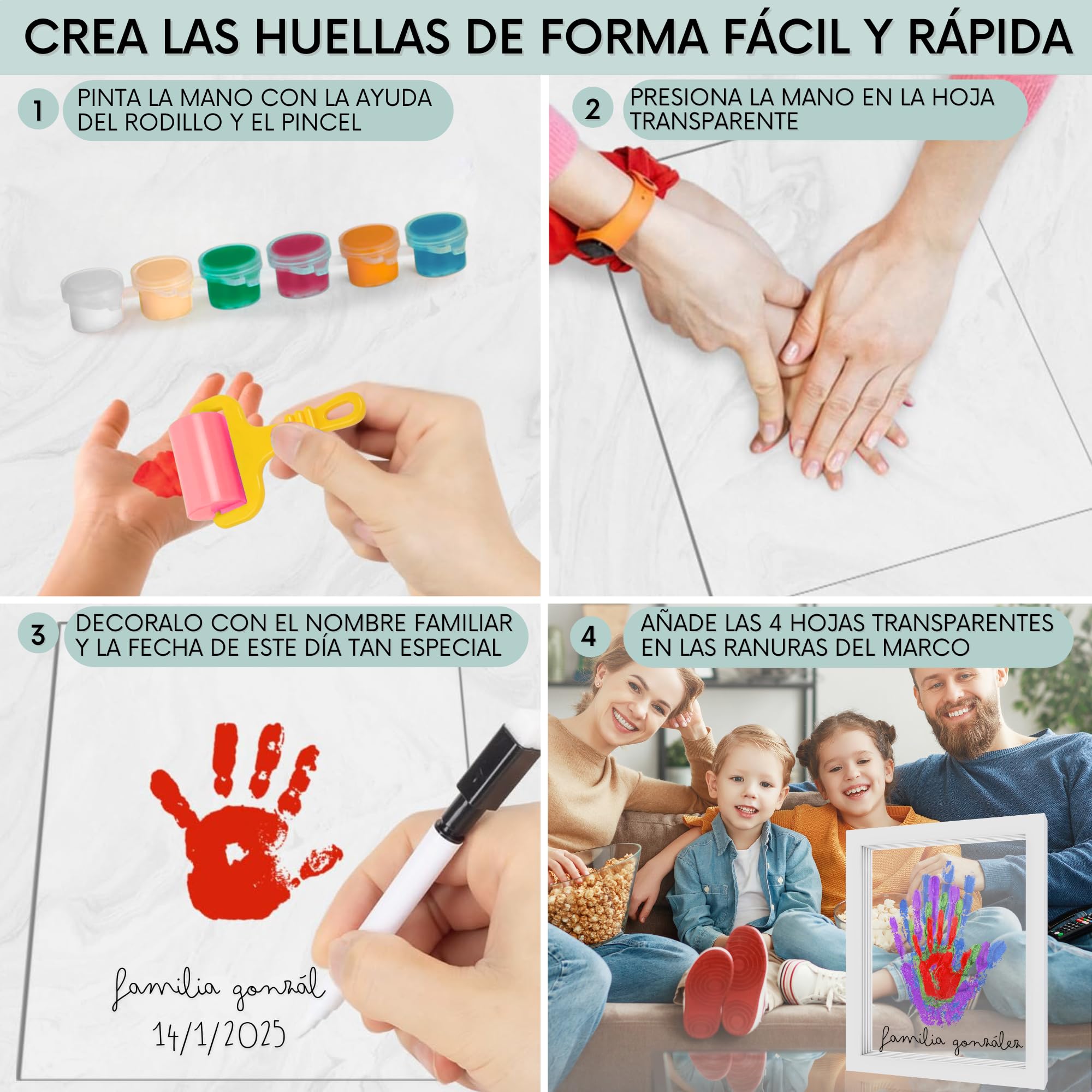 HuBorns – Kit huellas familia con pinturas, marco huellas bebé recién nacido, regalo familiar original, recuerdo padres e hijos y decoración hogar — view 5