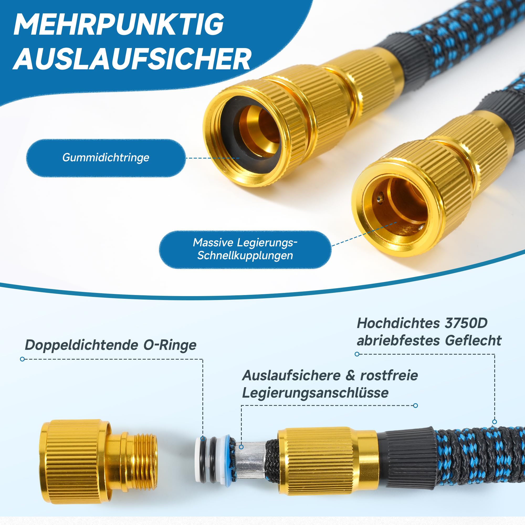 Flexibler Gartenschlauch 22,5 m (75 ft) mit 10-Funktions-Gartenbrause, 3/4"- und 1/2"-Anschlüsse, dehnbarer Wasserschlauch, auslaufsicher, knickfrei, für Garten, Autowäsche und Haustierbaden