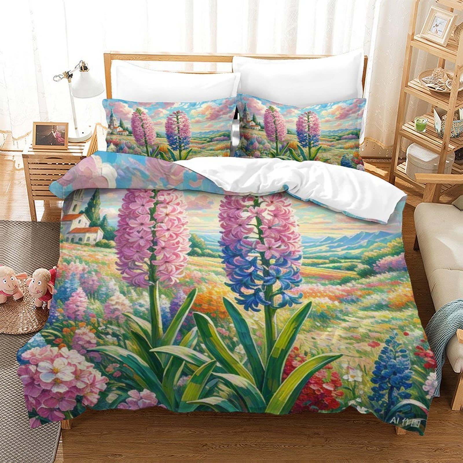 Housse de couette 140x200 jacinthe 3D pour chambre d'enfant et ado avec taie d'oreiller douce