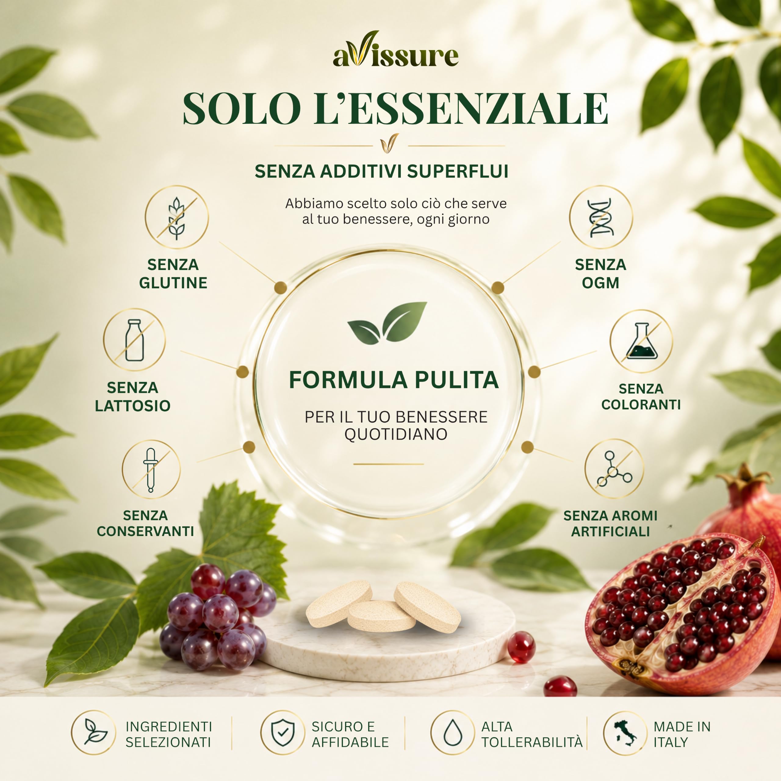 CelluSSure Integratore Alimentare 90 Compresse Vegan con Estratti Vegetali, Vitis Vinifera, Punica Granatum (Melagrana), Vitamina C Acido Ascorbico, Zinco Gluconato, 1 Compressa per 3 Mesi, avissure