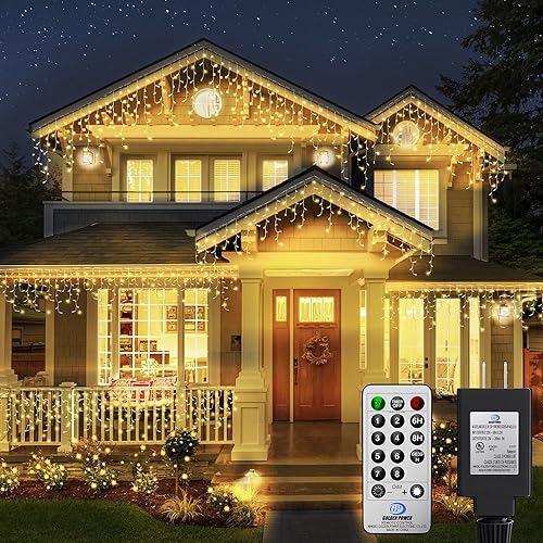 CLODEGS Icicle Lights - 486 LED, 39ft String Lights with 8 Modes Remote - Hanging Outdoor Lights for Holiday, Wedding, Garden, Party, Wall, Eave,
