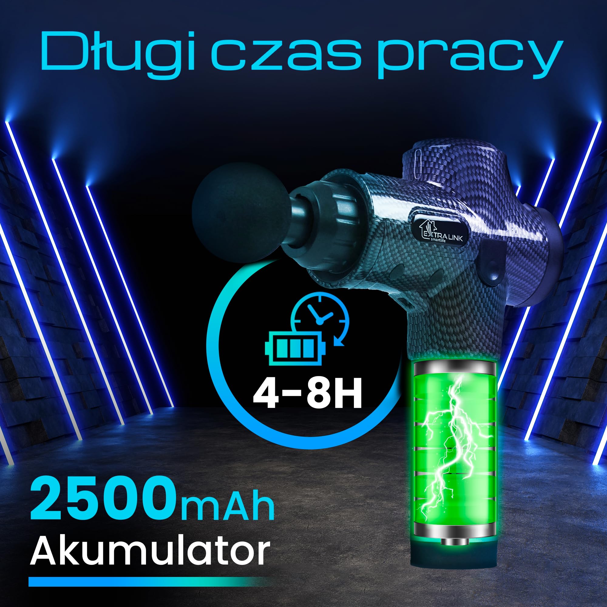 Extralink Massage Gun Pro, Pistolet do masażu, 3800 RPM, 6 końcówek wymiennych, moc 40W, dotykowy wyświetlacz, gniazdo ładujące DC, 30 prędkości, Amplituda 12mm, Masażer mięśni