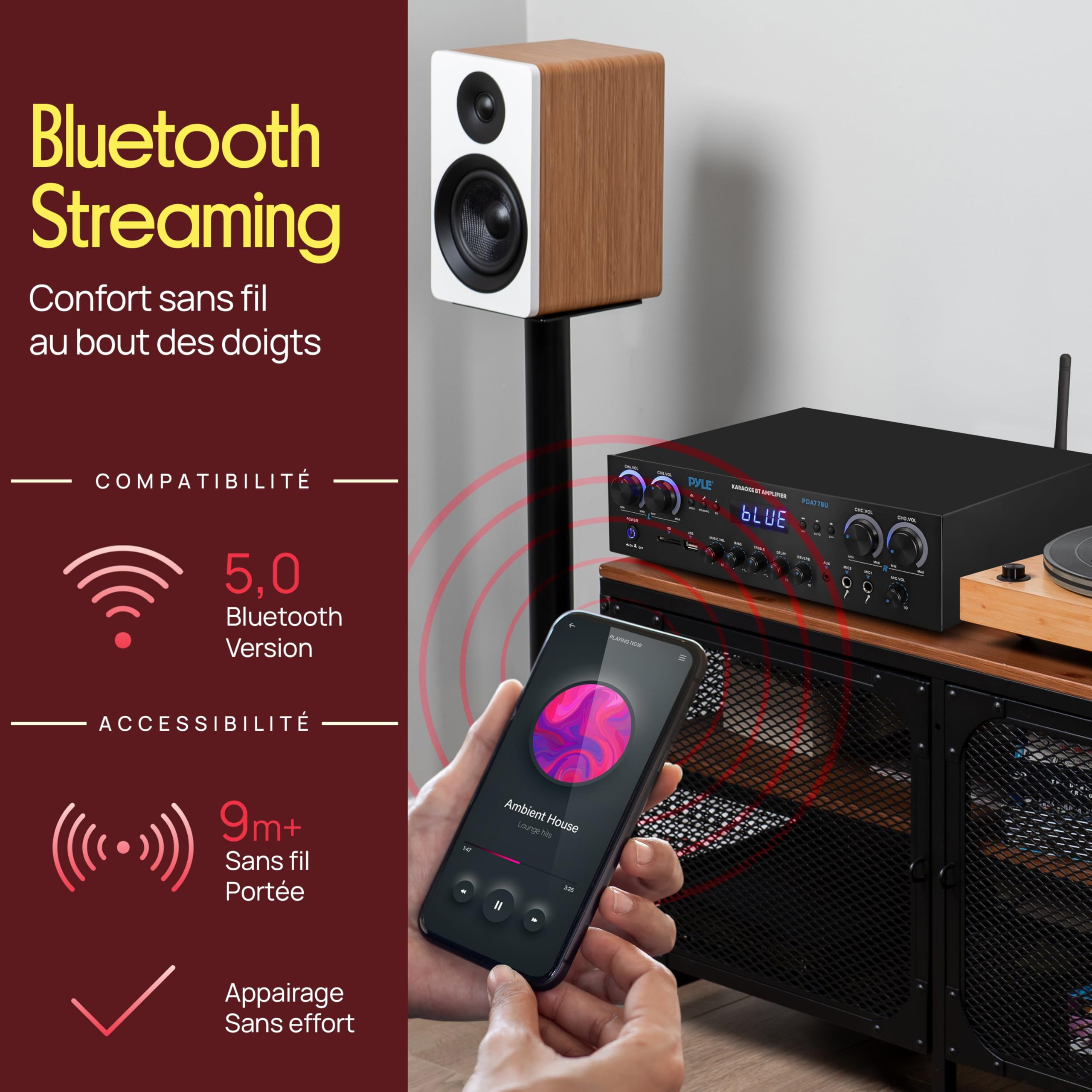 Pyle Amplificateur Bluetooth 4 Canaux 800W – Récepteur Audio HiFi pour Home Cinéma, Studio Musique, DJ & Enceintes Maison | USB, MP3, AUX, FM, Micro avec Réverbération, Écho, Contrôle Volume LED