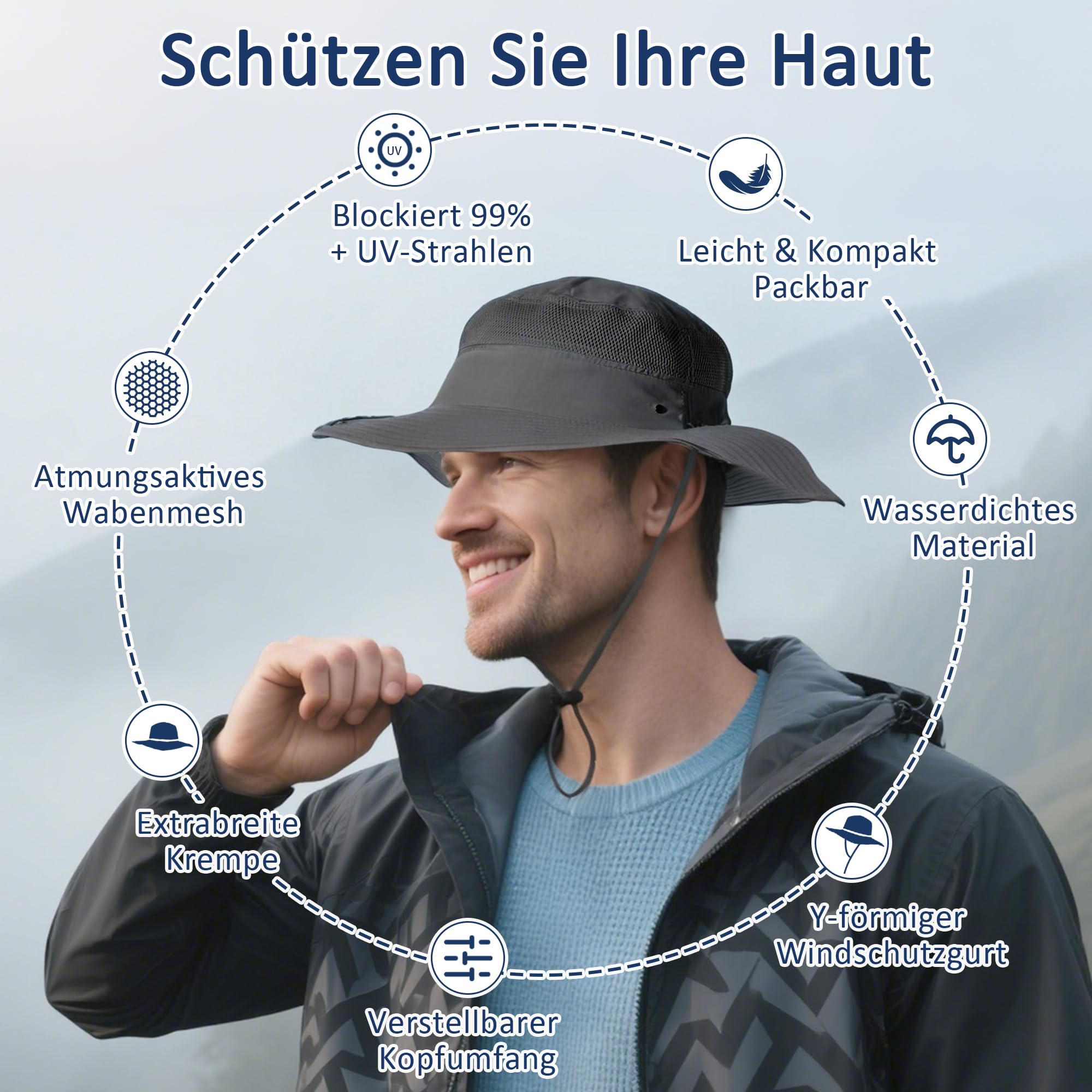 Damen Fischerhut Herren Sonnenhut UPF 50+ Strand Faltbar Safarihut Reisen Outdoor Hut Fischerhut Anglerhut Gartenhut Bergsteigen Campinghut Sonnenhut Unisex Buschhüte