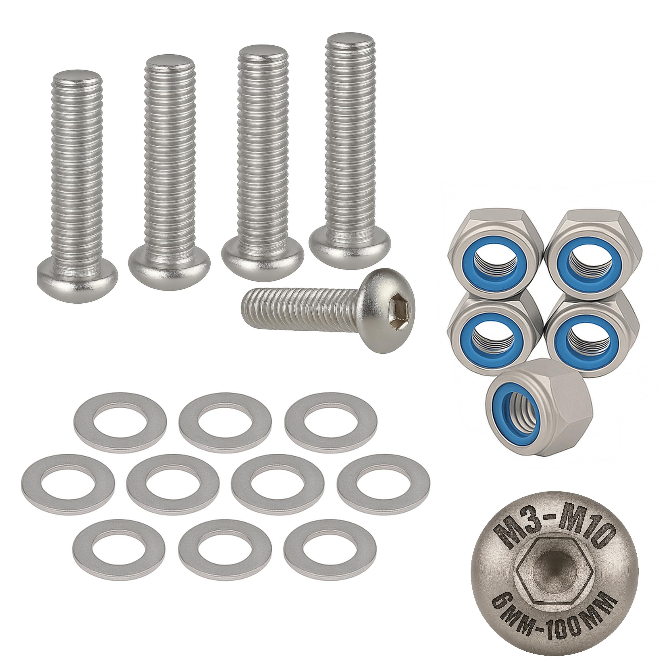 M3 x 25mm Hex Socket Button Head Nuts and Bolts and Washers Set (5PK) A2 Stainless Steel, Fully Threaded Screws For Construction, Automotive, Machinery