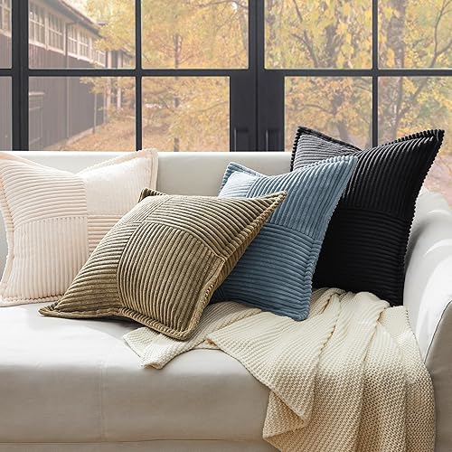 Miniatura 4 de Topfinel Paquete de 2 fundas de almohada decorativas de pana a rayas con empalme, fundas de almohada cuadradas de pana a rayas para sofá, cama,