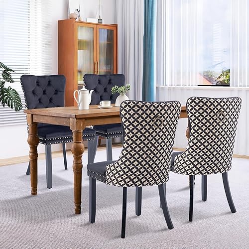 Miniatura 73 de Juego de 6 sillas de comedor de terciopelo, sillas de comedor tapizadas acolchadas con ribete de tachuelas y patas de madera maciza para cocina,