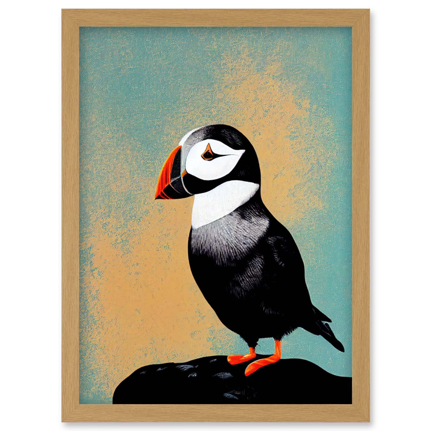 Artery8 Cute Puffin Bird on Rock Framed Wall Art Print A4 - Modern Illustration Artwork - Light Oak Frame