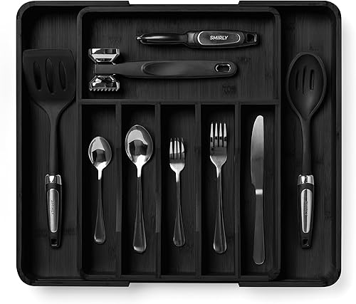 SMIRLY Organizador de cajones de cocina de bambú para bandeja de cubiertos para cajón organizador de cubiertos, Organizador de cajones de cubiertos,