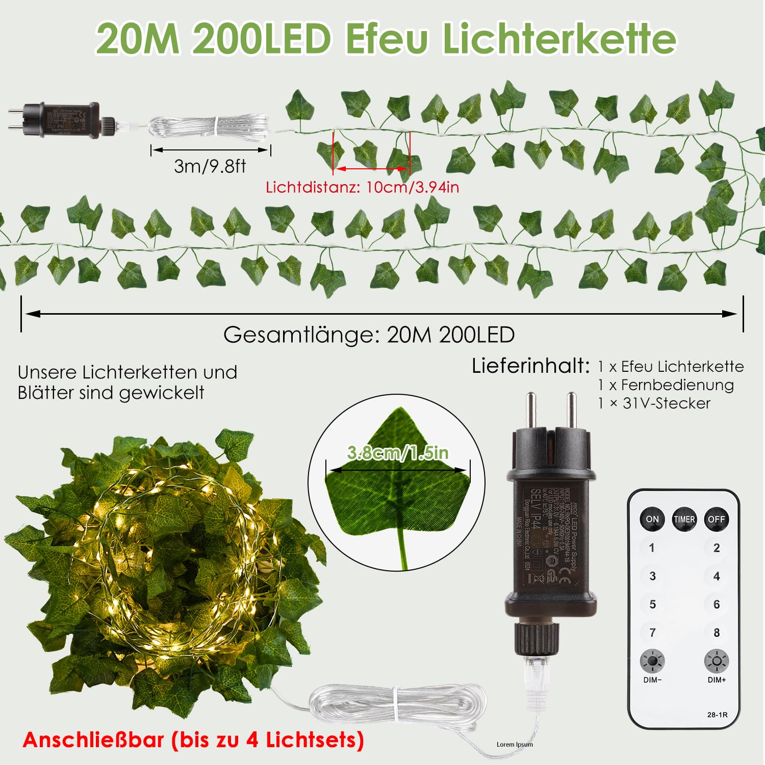 StarryEver 20M Efeu Lichterkette Innen Strom, Anschliebar 200 LED Warmwei  Lichterkette Auen mit Stecker Fernbedienung Timer, 8 Modi Lichterkette Efeu  Girlande fr Wohnzimmer Schlafzimmer Party : Amazon.de: Beleuchtung