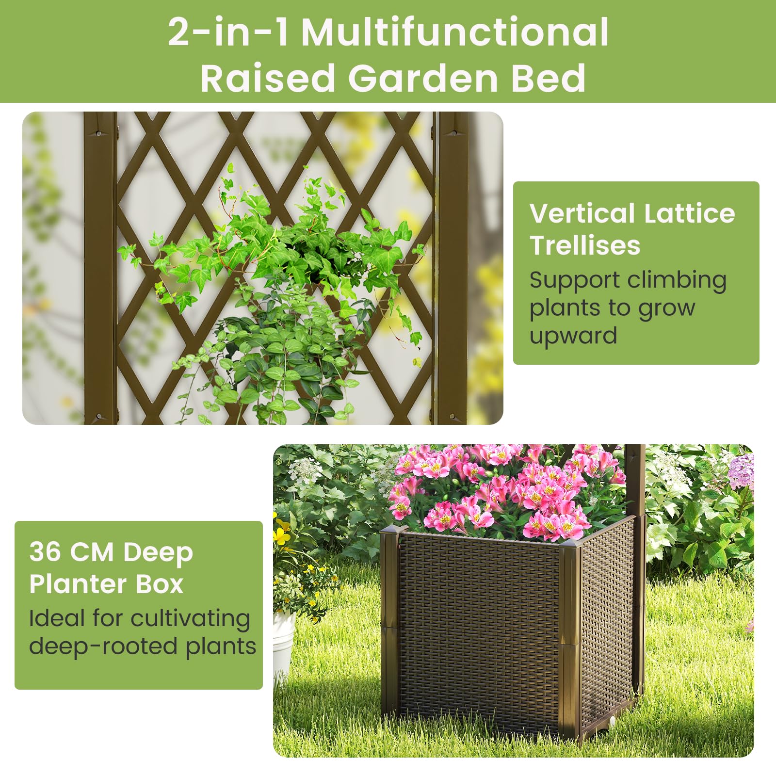 HOMASIS Blumenkasten mit Rankgitter, Pflanzenkasten mit Spalier & Selbstbewässerung, Pflanzkübel Gartenspalier für Kletterpflanzen, Rankkasten Hochbeet für Balkon Garten Terrasse (Braun, 40x40x140cm)