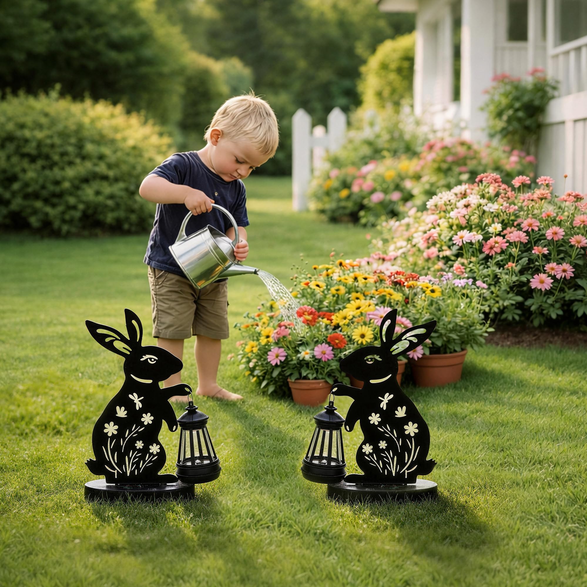 GIGALUMI Statues de Lapin,décorations de Jardin d'extérieur avec éclairage Solaire, Statues de Jardin étanches pour terrasse et Cour, Cadeaux Originaux pour Maman (Lot de 2)
