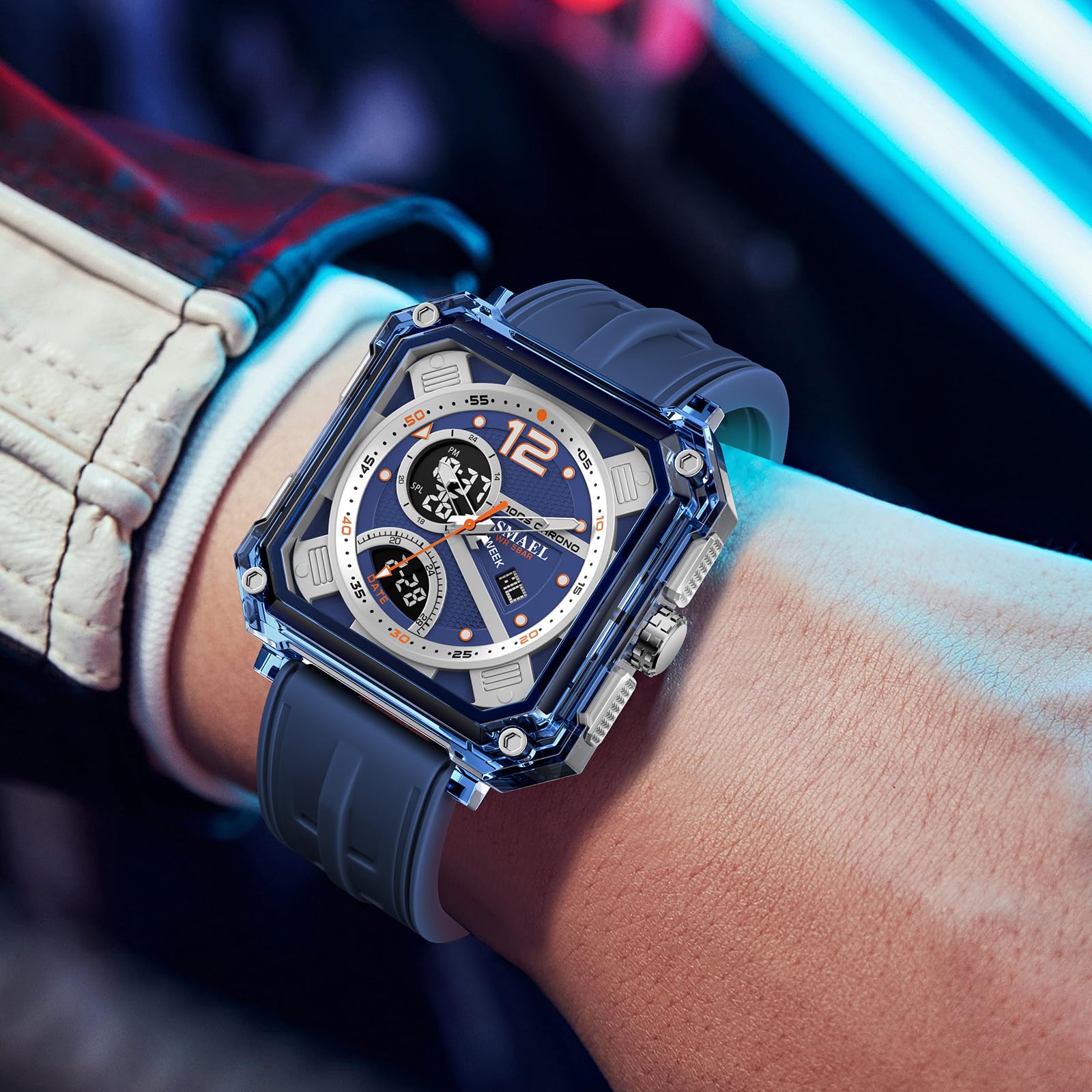 CARLIEN Orologio digitale quadrato trasparente da uomo impermeabile 50M