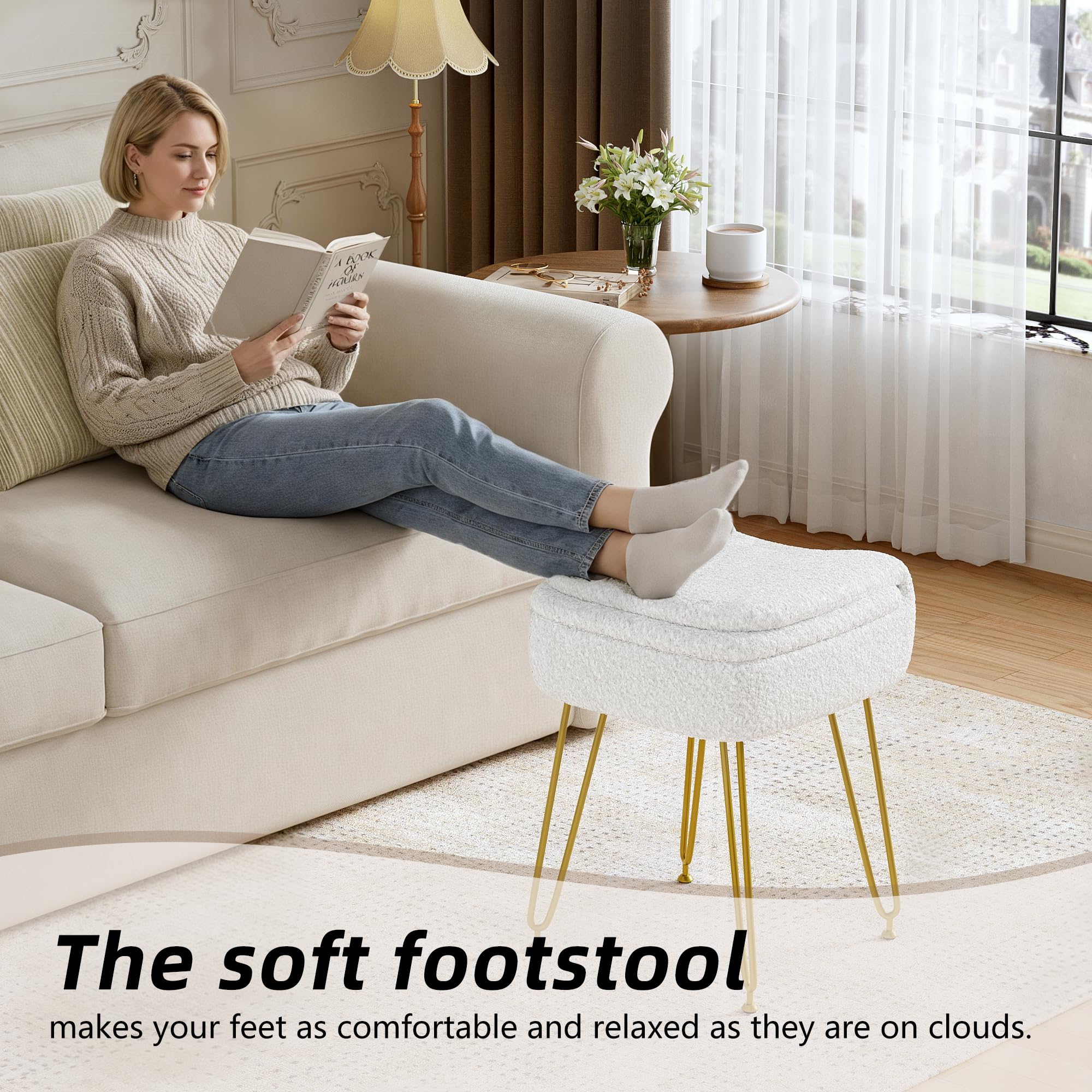 3 in 1 Sedia da Trucco con Vano Portaoggetti e Schienale, Moderno Sgabello da Trucco, Schienale Ribaltabile Che si Trasforma in Poggiapiedi, per Camera da Letto, Soggiorno,fino 136KG Bianco 33*38*80CM