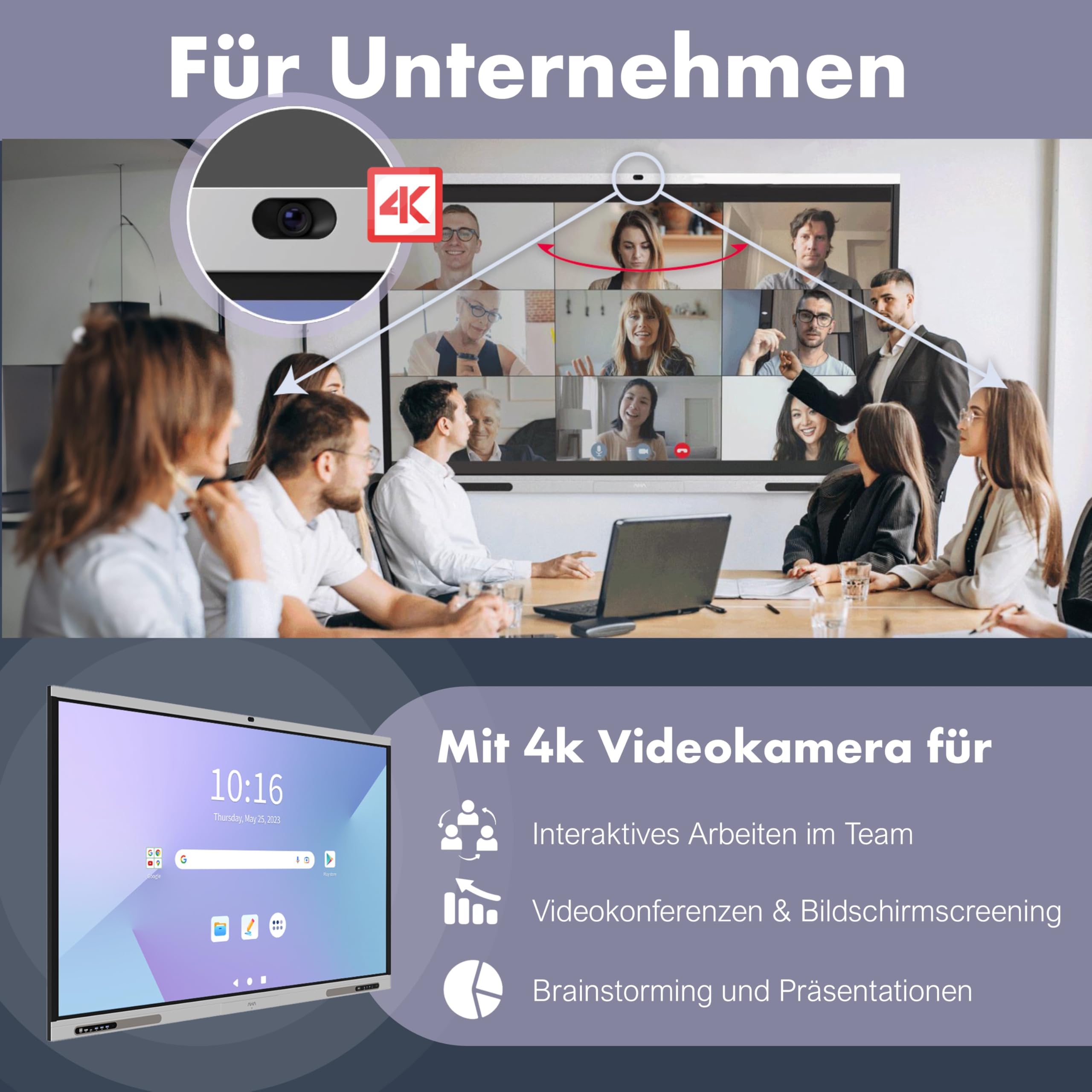 Interaktives Whiteboard 65 Zoll mit Video-Kamera, Google-EDLA & Office (4K UHD) 2.4G WiFi - Digitales Smart-Board & Tafel für Schule & Unternehmen - Flipchart Monitor Touch-Screen