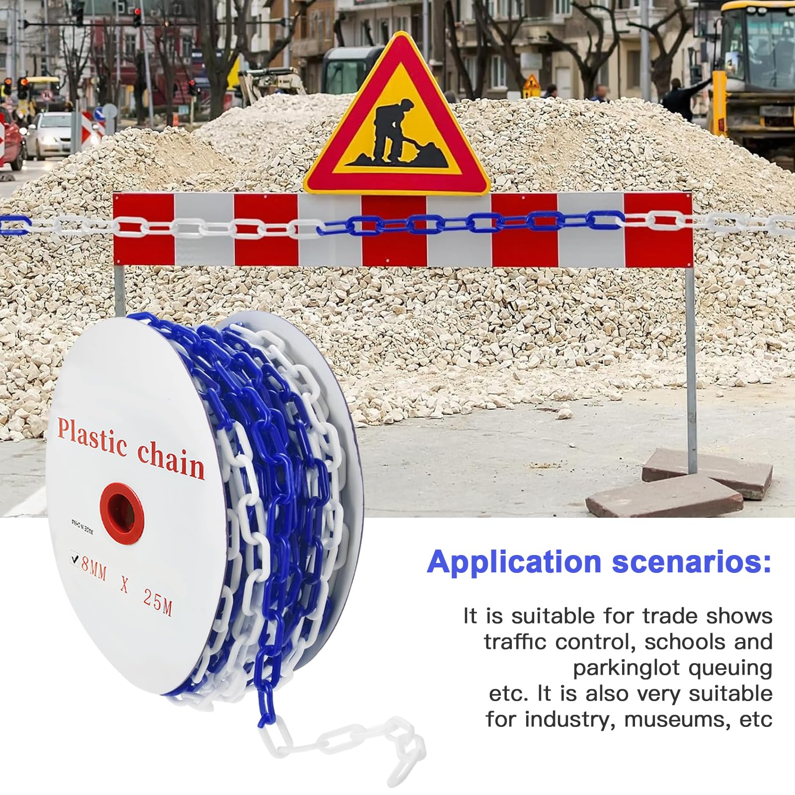 Chaîne de fermeture de 25 m, bleu/blanc, plastique, chaîne de fermeture de 8 mm, chaîne d'avertissement, chaîne en plastique avec 4 crochets en S, chaîne d'avertissement de sécurité en plastique pour