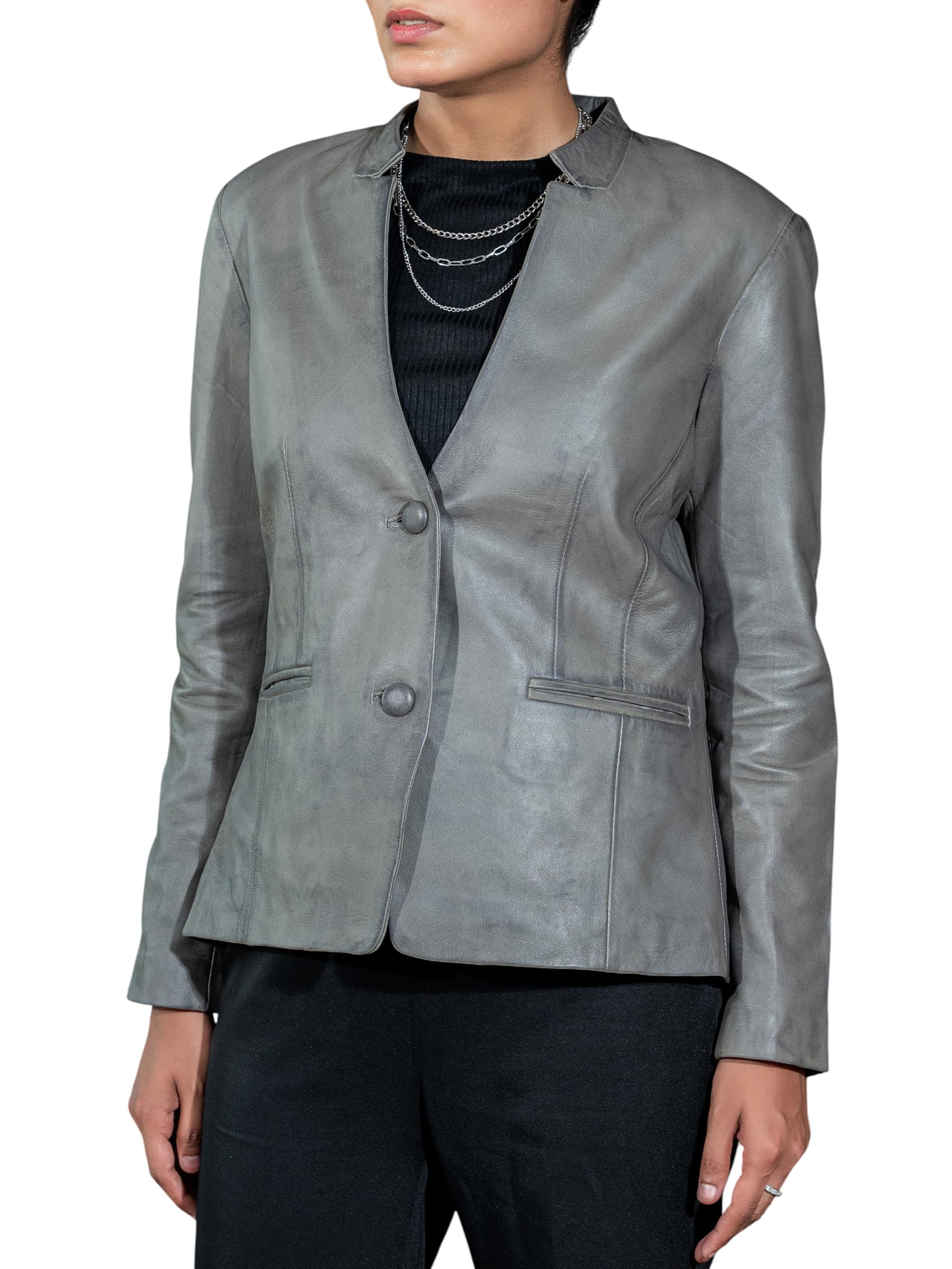 Jild Mandarin Collar Leather Blazer Women - Invisible Stitch Elegant Casual Coat Style Lambskin Leather Jacket Women