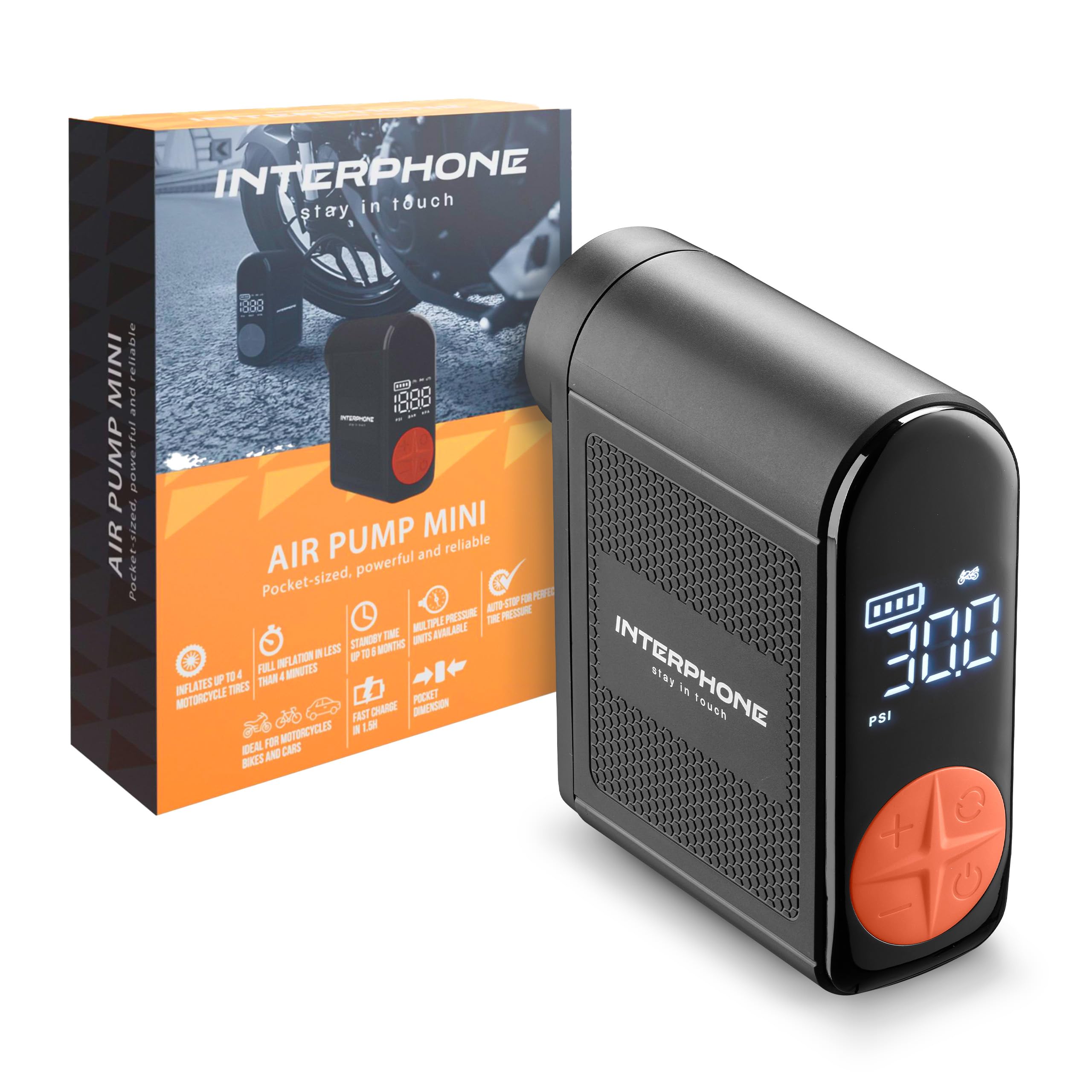 INTERPHONE Air Pump Mini Air Compressor Air Pump for Motorcycles, Cars and Bikes, Portable and Rechargeable Electric Inflator Inflates 4 Tires in 4 Minutes Each, Over 6 Months Stand-by