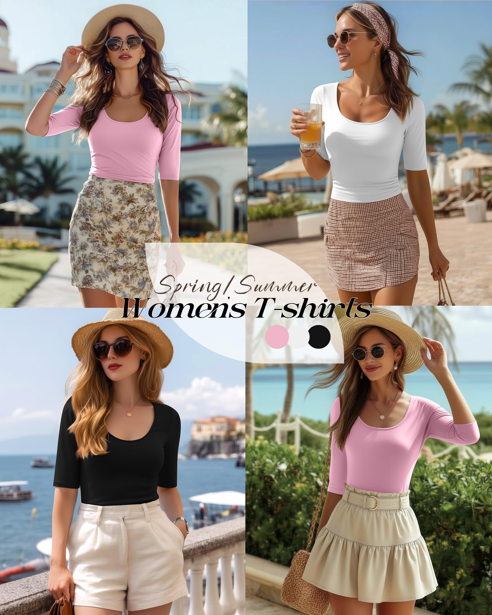 Neer Set da 3 Magliette Donna Scollo Ampio Maniche Mezze Aderenti Elastiche Cotone Misto Casual Basic
