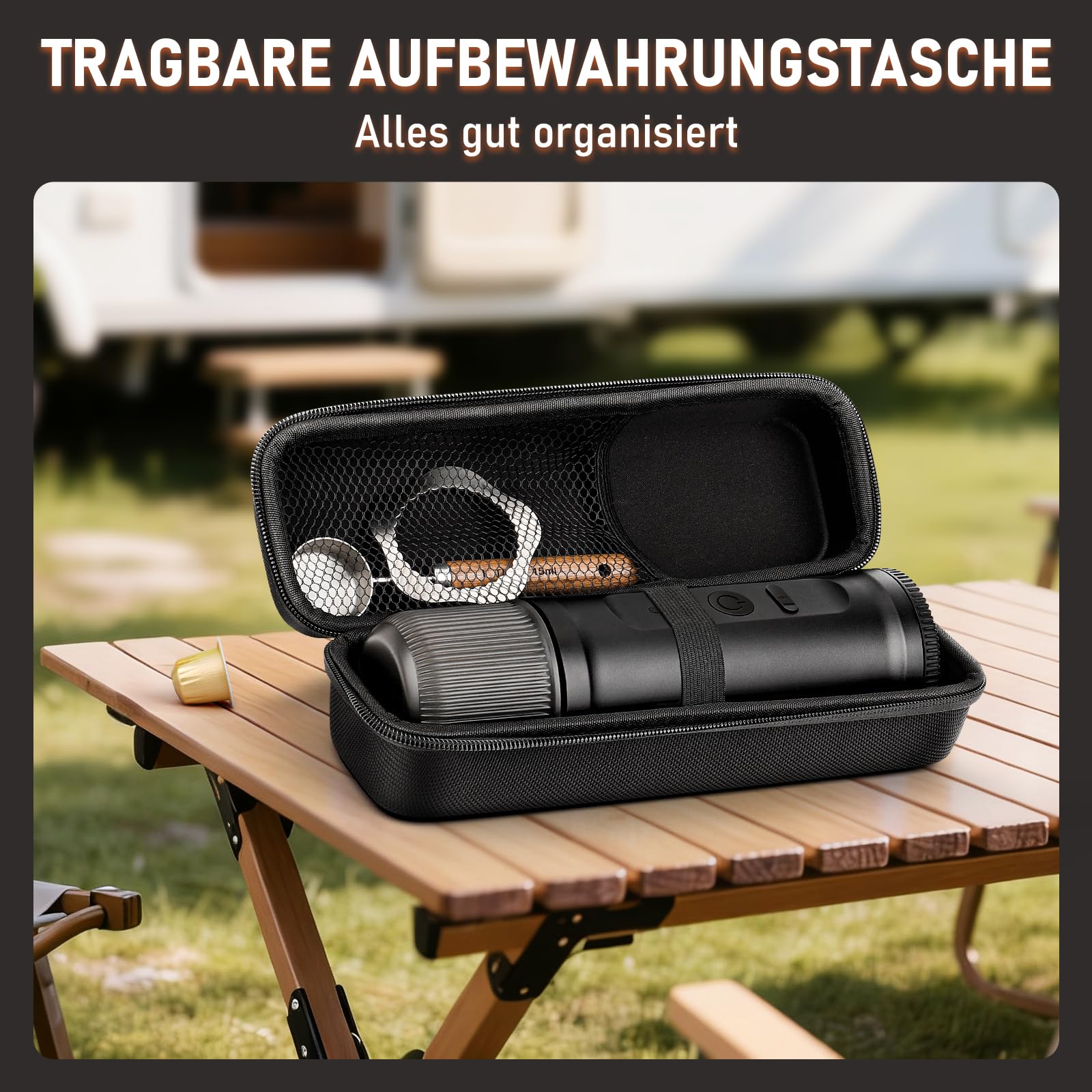 ICARE Tragbare Kaffeemaschine mit Akku, 2-in-1 für Kapseln und Gemahlenen Kaffee, Kaffeemaschine to Go mit Tragetasche und Halterung, Tragbare Espressomaschine für Camping, Auto, Reisen und Büro
