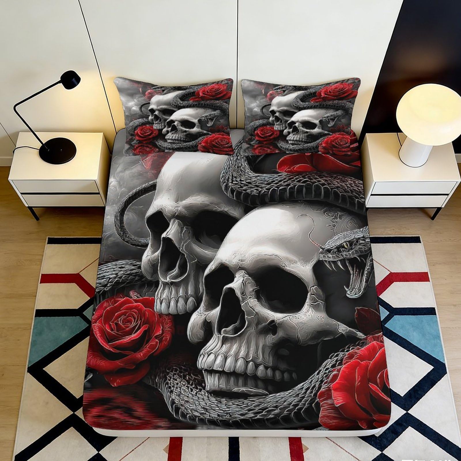 Pnayamiorkfel Style-7 3D Printed Skull Rose Fitted Sheet Microfiber Soft Black Red Snake Bed Cover For Bedroom Guest Room Decor 90X200x25cm