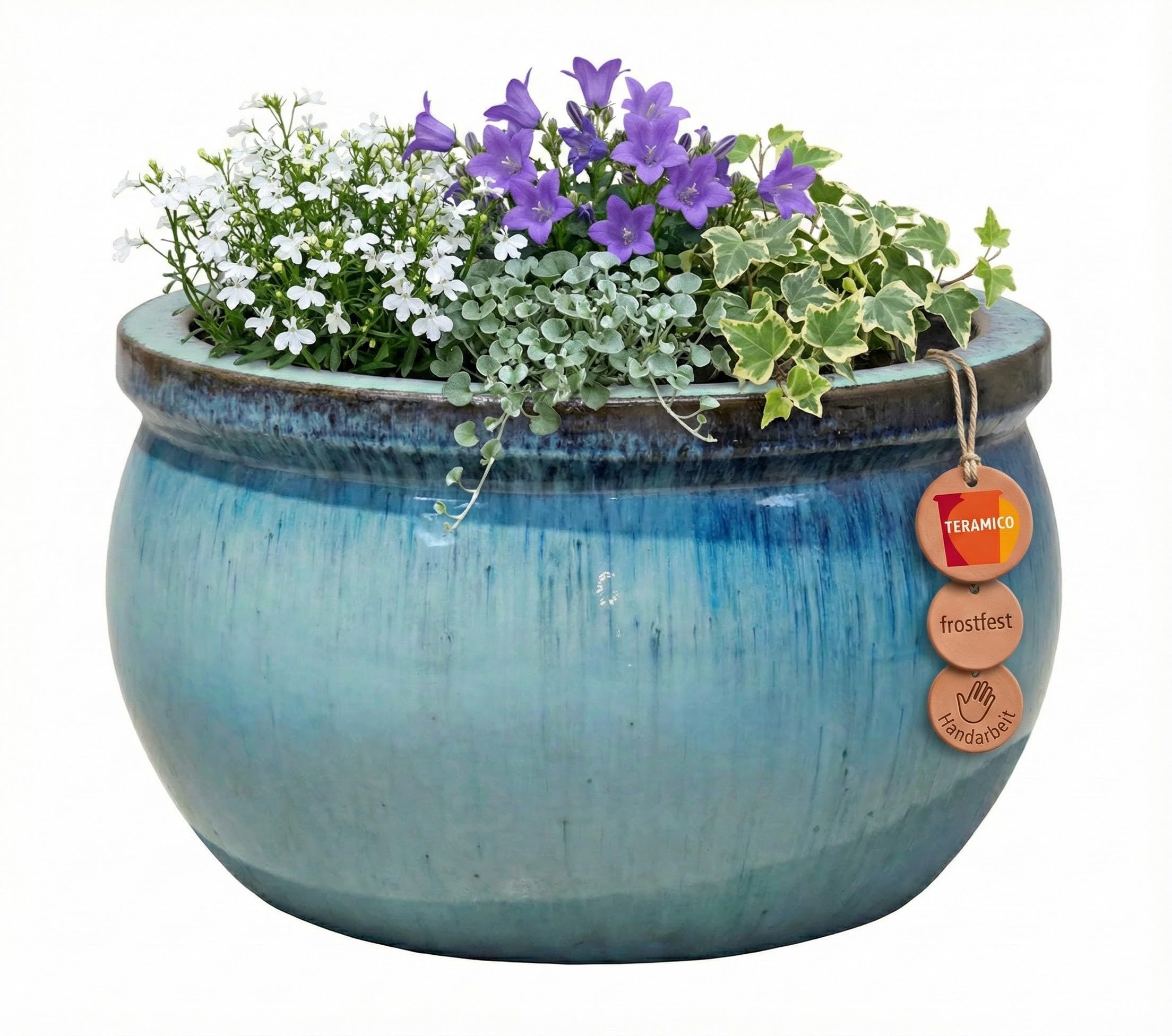 Vaso da fiori / fioriera Tucano Hamburg Bamboo Tall - Vaso in gres smaltato blu 29 x 25 cm, resistente al gelo e fatto a mano - Italia