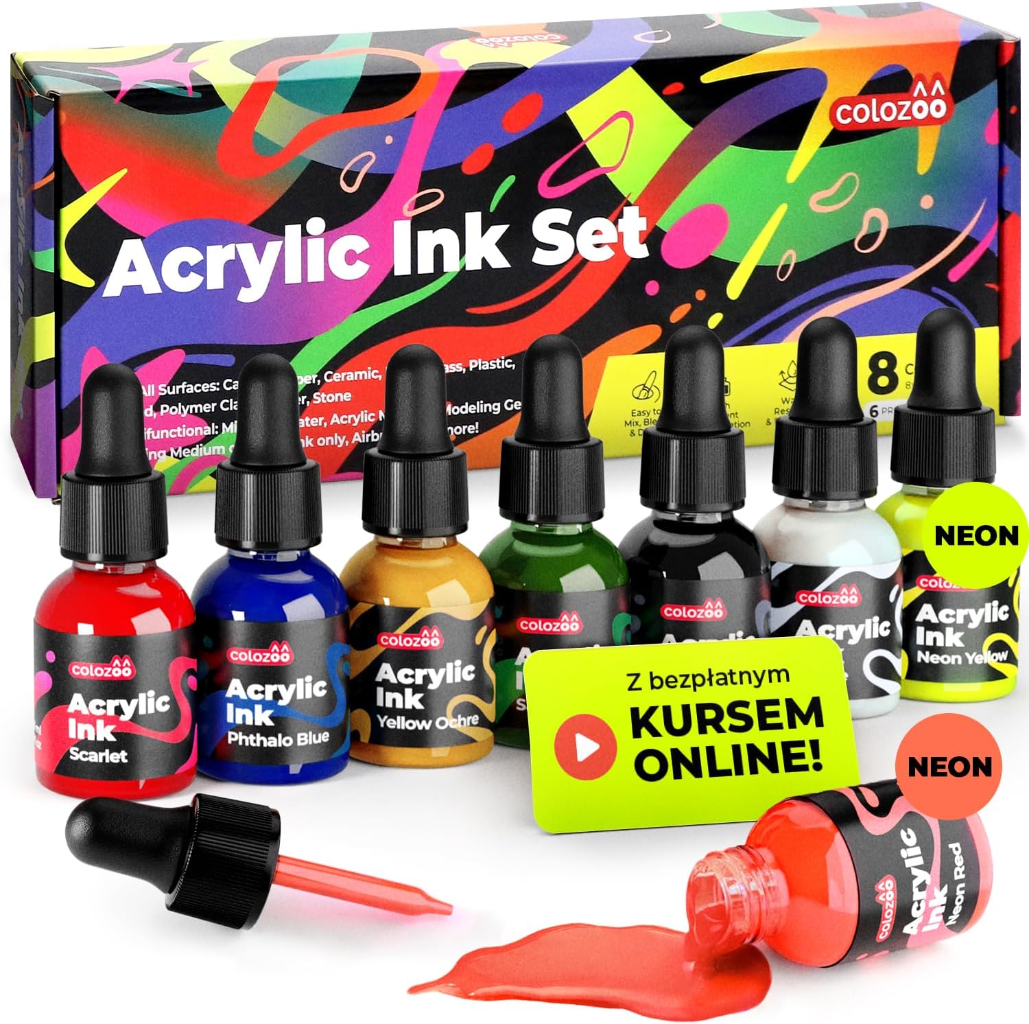 Colozoo 8 x 20 ml Acrylic Ink Set, Permanent, Waterproof, Acrylic Ink Including 6 Primary Colours and 2 Neon Colours, Liquid Acrylic Paint for Airbrush, Casting Art, Acrylic Medium, Acrylic Ink for
