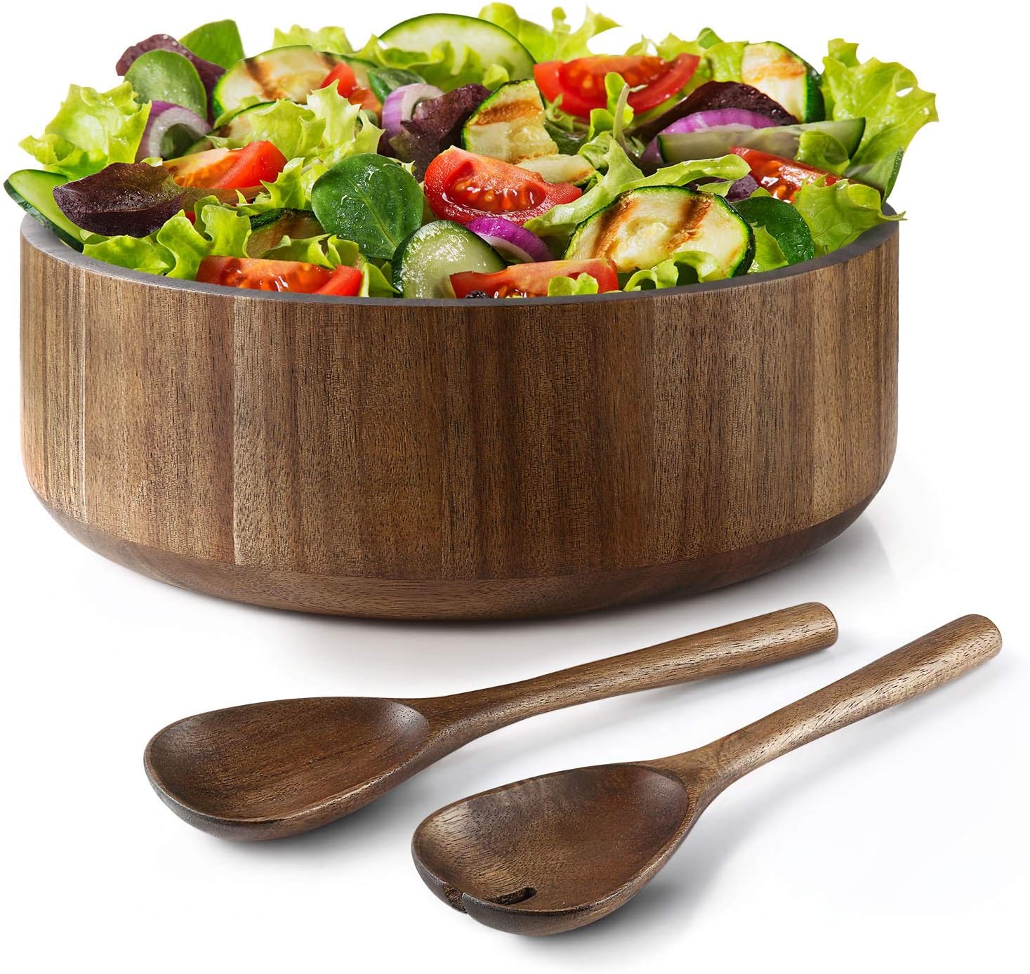 Miusco Natural Acacia Wooden Large Salad Serving Bowl with Tongs Set, 12 Inch, 200 Oz./6.25 Quarts, Spoons Included, Premium Handcrafted Wood Bowl and Utensils Set, Great Holiday Gift