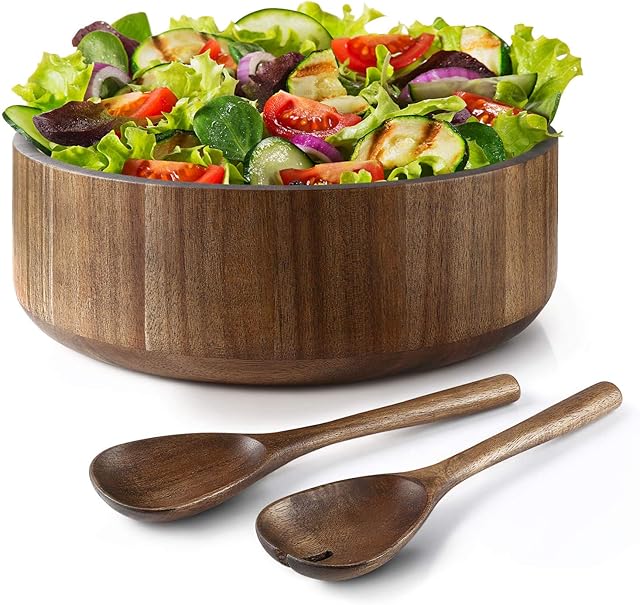 Miusco Large Wooden Salad Bowl, Natural Acacia Wood Salad Serving Bowl and Servers Set, 30 cm, 6 L, Premium Handcrafted Wood Fruit Bowl and Utensils Set